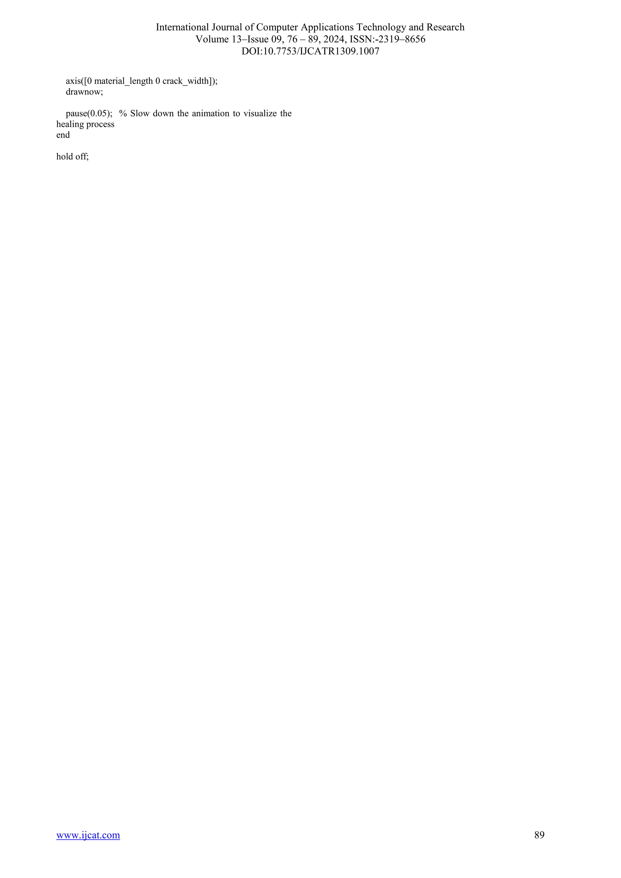International Journal of Computer Applications Technology and Research
Volume 13–Issue 09, 76 – 89, 2024, ISSN:-2319–8656
DOI:10.7753/IJCATR1309.1007
www.ijcat.com 89
axis([0 material_length 0 crack_width]);
drawnow;
pause(0.05); % Slow down the animation to visualize the
healing process
end
hold off;
 