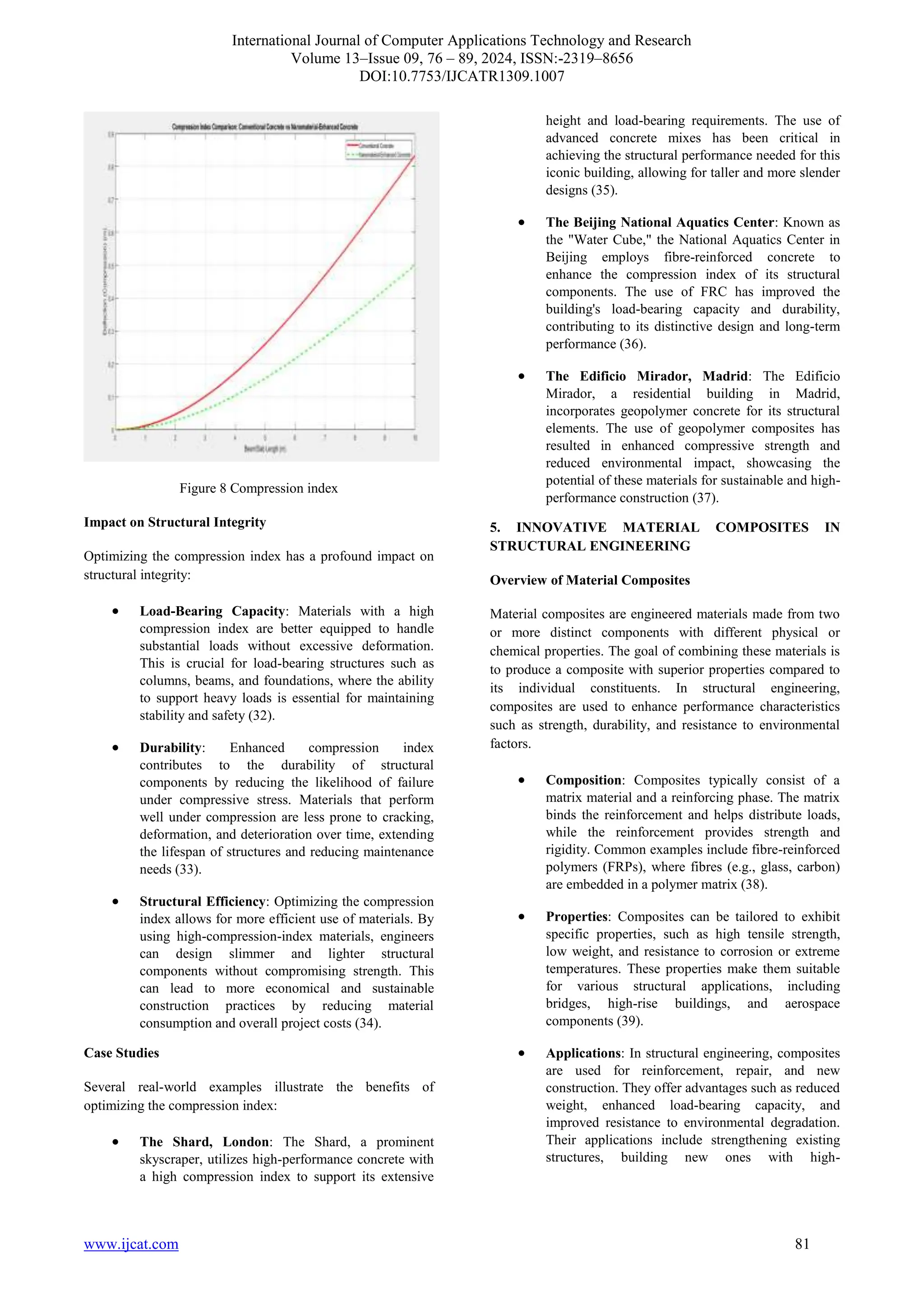 International Journal of Computer Applications Technology and Research
Volume 13–Issue 09, 76 – 89, 2024, ISSN:-2319–8656
DOI:10.7753/IJCATR1309.1007
www.ijcat.com 81
Figure 8 Compression index
Impact on Structural Integrity
Optimizing the compression index has a profound impact on
structural integrity:
• Load-Bearing Capacity: Materials with a high
compression index are better equipped to handle
substantial loads without excessive deformation.
This is crucial for load-bearing structures such as
columns, beams, and foundations, where the ability
to support heavy loads is essential for maintaining
stability and safety (32).
• Durability: Enhanced compression index
contributes to the durability of structural
components by reducing the likelihood of failure
under compressive stress. Materials that perform
well under compression are less prone to cracking,
deformation, and deterioration over time, extending
the lifespan of structures and reducing maintenance
needs (33).
• Structural Efficiency: Optimizing the compression
index allows for more efficient use of materials. By
using high-compression-index materials, engineers
can design slimmer and lighter structural
components without compromising strength. This
can lead to more economical and sustainable
construction practices by reducing material
consumption and overall project costs (34).
Case Studies
Several real-world examples illustrate the benefits of
optimizing the compression index:
• The Shard, London: The Shard, a prominent
skyscraper, utilizes high-performance concrete with
a high compression index to support its extensive
height and load-bearing requirements. The use of
advanced concrete mixes has been critical in
achieving the structural performance needed for this
iconic building, allowing for taller and more slender
designs (35).
• The Beijing National Aquatics Center: Known as
the "Water Cube," the National Aquatics Center in
Beijing employs fibre-reinforced concrete to
enhance the compression index of its structural
components. The use of FRC has improved the
building's load-bearing capacity and durability,
contributing to its distinctive design and long-term
performance (36).
• The Edificio Mirador, Madrid: The Edificio
Mirador, a residential building in Madrid,
incorporates geopolymer concrete for its structural
elements. The use of geopolymer composites has
resulted in enhanced compressive strength and
reduced environmental impact, showcasing the
potential of these materials for sustainable and high-
performance construction (37).
5. INNOVATIVE MATERIAL COMPOSITES IN
STRUCTURAL ENGINEERING
Overview of Material Composites
Material composites are engineered materials made from two
or more distinct components with different physical or
chemical properties. The goal of combining these materials is
to produce a composite with superior properties compared to
its individual constituents. In structural engineering,
composites are used to enhance performance characteristics
such as strength, durability, and resistance to environmental
factors.
• Composition: Composites typically consist of a
matrix material and a reinforcing phase. The matrix
binds the reinforcement and helps distribute loads,
while the reinforcement provides strength and
rigidity. Common examples include fibre-reinforced
polymers (FRPs), where fibres (e.g., glass, carbon)
are embedded in a polymer matrix (38).
• Properties: Composites can be tailored to exhibit
specific properties, such as high tensile strength,
low weight, and resistance to corrosion or extreme
temperatures. These properties make them suitable
for various structural applications, including
bridges, high-rise buildings, and aerospace
components (39).
• Applications: In structural engineering, composites
are used for reinforcement, repair, and new
construction. They offer advantages such as reduced
weight, enhanced load-bearing capacity, and
improved resistance to environmental degradation.
Their applications include strengthening existing
structures, building new ones with high-
 