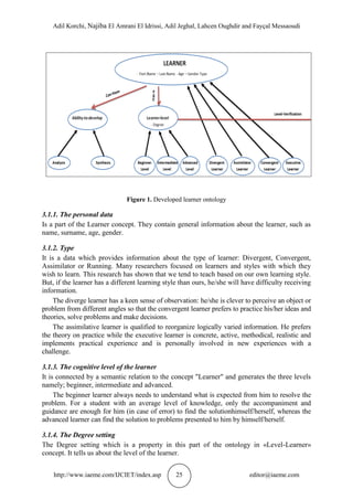 Adil Korchi, Najiba El Amrani El Idrissi, Adil Jeghal, Lahcen Oughdir and Fayçal Messaoudi
http://www.iaeme.com/IJCIET/index.asp 25 editor@iaeme.com
Figure 1. Developed learner ontology
3.1.1. The personal data
Is a part of the Learner concept. They contain general information about the learner, such as
name, surname, age, gender.
3.1.2. Type
It is a data which provides information about the type of learner: Divergent, Convergent,
Assimilator or Running. Many researchers focused on learners and styles with which they
wish to learn. This research has shown that we tend to teach based on our own learning style.
But, if the learner has a different learning style than ours, he/she will have difficulty receiving
information.
The diverge learner has a keen sense of observation: he/she is clever to perceive an object or
problem from different angles so that the convergent learner prefers to practice his/her ideas and
theories, solve problems and make decisions.
The assimilative learner is qualified to reorganize logically varied information. He prefers
the theory on practice while the executive learner is concrete, active, methodical, realistic and
implements practical experience and is personally involved in new experiences with a
challenge.
3.1.3. The cognitive level of the learner
It is connected by a semantic relation to the concept "Learner" and generates the three levels
namely; beginner, intermediate and advanced.
The beginner learner always needs to understand what is expected from him to resolve the
problem. For a student with an average level of knowledge, only the accompaniment and
guidance are enough for him (in case of error) to find the solutionhimself/herself, whereas the
advanced learner can find the solution to problems presented to him by himself/herself.
3.1.4. The Degree setting
The Degree setting which is a property in this part of the ontology in «Level-Learner»
concept. It tells us about the level of the learner.
 