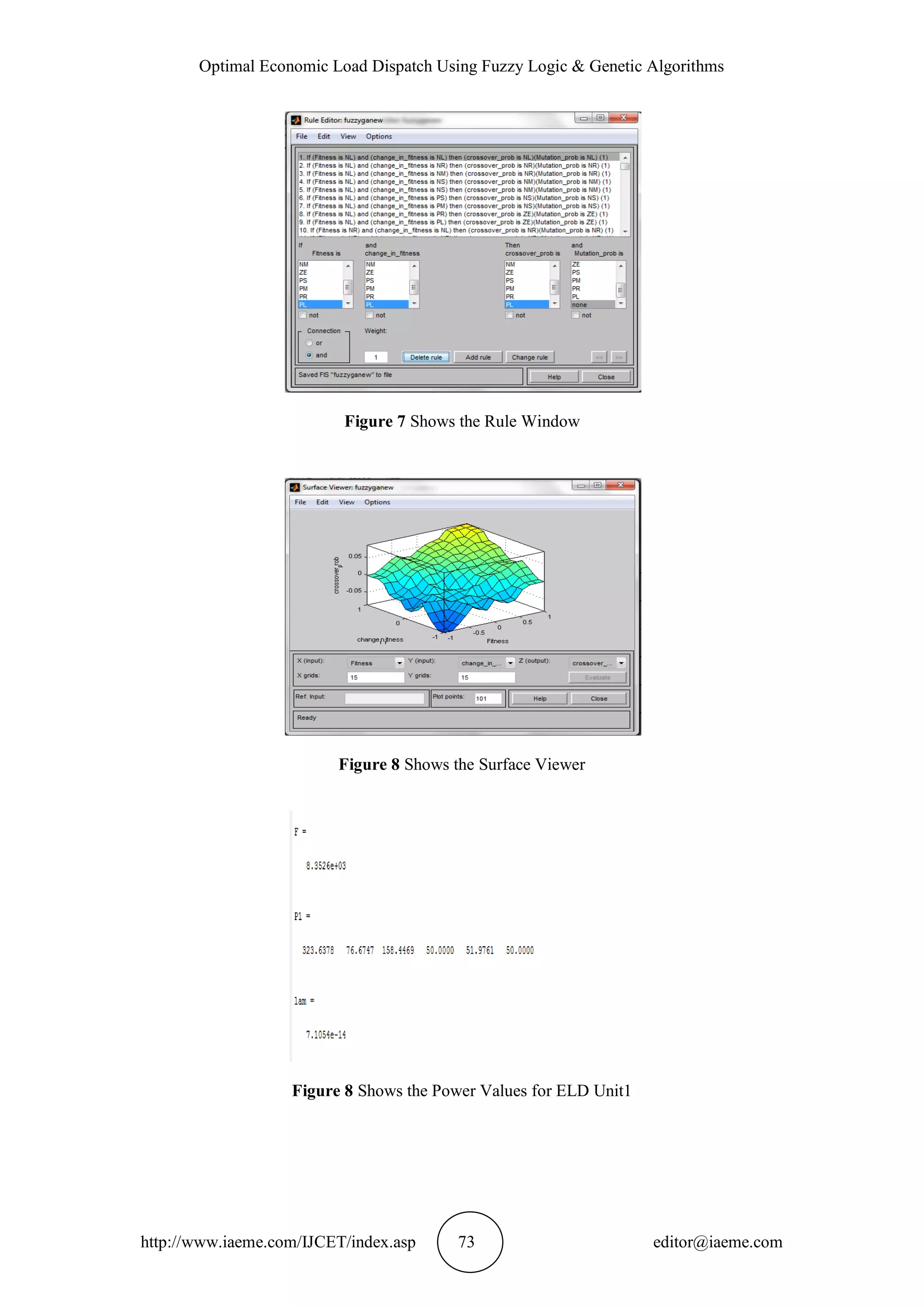 Optimal Economic Load Dispatch Using Fuzzy Logic & Genetic Algorithms
http://www.iaeme.com/IJCET/index.asp 73 editor@iaeme.com
Figure 7 Shows the Rule Window
Figure 8 Shows the Surface Viewer
Figure 8 Shows the Power Values for ELD Unit1
 