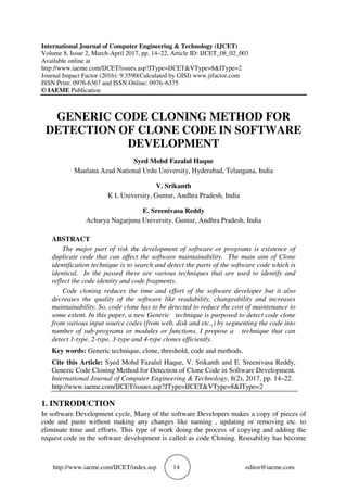 GENERIC CODE CLONING METHOD FOR DETECTION OF CLONE CODE IN SOFTWARE ...