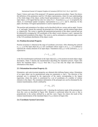 International Journal of Computer Graphics & Animation (IJCGA) Vol.3, No.2, April 2013
3
Figure 2 shows each step of the proposed 1-D signature generation procedure. Figure 2(a) shows
the definition of the parameters used for 3-D object representation, where for easy understanding
of the whole shape of the object, surface based representation is used, with f(x,y,z) denoting the
input object, a 3-D signal that has only two values 0 or 1. If position (x1,y1,z1) is occupied by the
object, in voxel-based spatial occupancy representation (x1,y1,z1)=1, and 0, otherwise. In this
paper, this binary 3-D signal representation is used to represent an object.
The position and orientation of an object can be described with two vectors and an angle. Vectors
vc, va, and angle ζ denote the centroid, the principal axis of the object, and the rotation angle about
va, respectively. The vector vc signifies the parameterized position of the object centroid and can
be obtained by averaging the 3-D coordinates of the object voxels whereas va and ζ represent the
parameterized orientation of the object. The vector va can be estimated as a dominant eigen vector
of the 3-D coordinate distribution of the object voxels.
2.2. Position-Invariant Property
Position invariance is obtained at the stage of coordinate conversion. After obtaining the centroid
(xc, yc, zc) of the input object f(x,y,z), new coordinates whose origin is at (xc, yc, zc) is defined to
represent the volume elements of an input object. Translation of f(x,y,z) to the centroid (xc, yc, zc)
expressed as
[ ]fTf ccc zyx ,,' =
is the first transformation performed on the input object f(x,y,z) for position-invariant object shape
description, where T denotes the transformation describing the translation process. Figure 2(b)
shows the translated object f ′(x,y,z). Note that f ′(x,y,z) has only the shape and orientation
information of the object.
2.3. Orientation-Invariant Property (1)
Orientation- and scale-invariant properties are obtained after defining feature values. Orientation
of an input object can be parameterized using two parameters va and ζ. The direction of the
principal axis is estimated by the eigenvector of the matrix corresponding to the largest
eigenvalue, where the matrix is constructed by a set of coordinates of a number of volume
elements in the object. The orientation information of the principal axis can be eliminated by the
rotation transformation, which is defined by
[ ]''' , fRf nv −= ,
where R denotes the rotation operation with τ denoting the inclination angle of the principal axis
from the z-axis as described in Figure 2(b). Rotation is performed about the axis vn that is
perpendicular to the surface defined by va and the z-axis. Figure 2(c) shows the result of the
rotation transformation of the translated object f ′(x,y,z) shown in Figure 2(b).
2.4. Coordinate System Conversion
 
