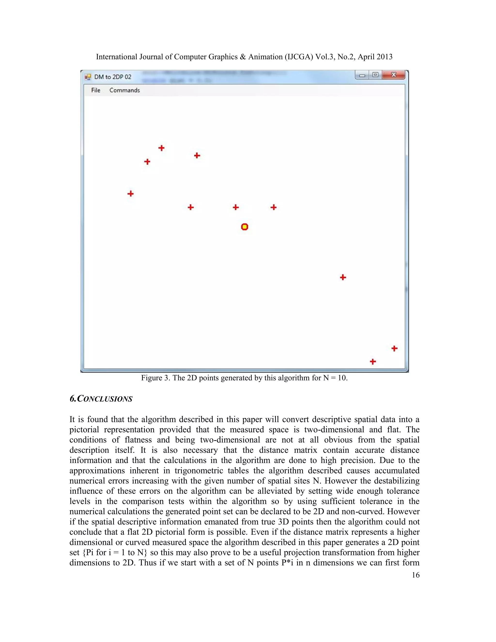 International Journal of Computer Graphics & Animation (IJCGA) Vol.3, No.2, April 2013
16
Figure 3. The 2D points generated by this algorithm for N = 10.
6.CONCLUSIONS
It is found that the algorithm described in this paper will convert descriptive spatial data into a
pictorial representation provided that the measured space is two-dimensional and flat. The
conditions of flatness and being two-dimensional are not at all obvious from the spatial
description itself. It is also necessary that the distance matrix contain accurate distance
information and that the calculations in the algorithm are done to high precision. Due to the
approximations inherent in trigonometric tables the algorithm described causes accumulated
numerical errors increasing with the given number of spatial sites N. However the destabilizing
influence of these errors on the algorithm can be alleviated by setting wide enough tolerance
levels in the comparison tests within the algorithm so by using sufficient tolerance in the
numerical calculations the generated point set can be declared to be 2D and non-curved. However
if the spatial descriptive information emanated from true 3D points then the algorithm could not
conclude that a flat 2D pictorial form is possible. Even if the distance matrix represents a higher
dimensional or curved measured space the algorithm described in this paper generates a 2D point
set {Pi for i = 1 to N} so this may also prove to be a useful projection transformation from higher
dimensions to 2D. Thus if we start with a set of N points P*i in n dimensions we can first form
 