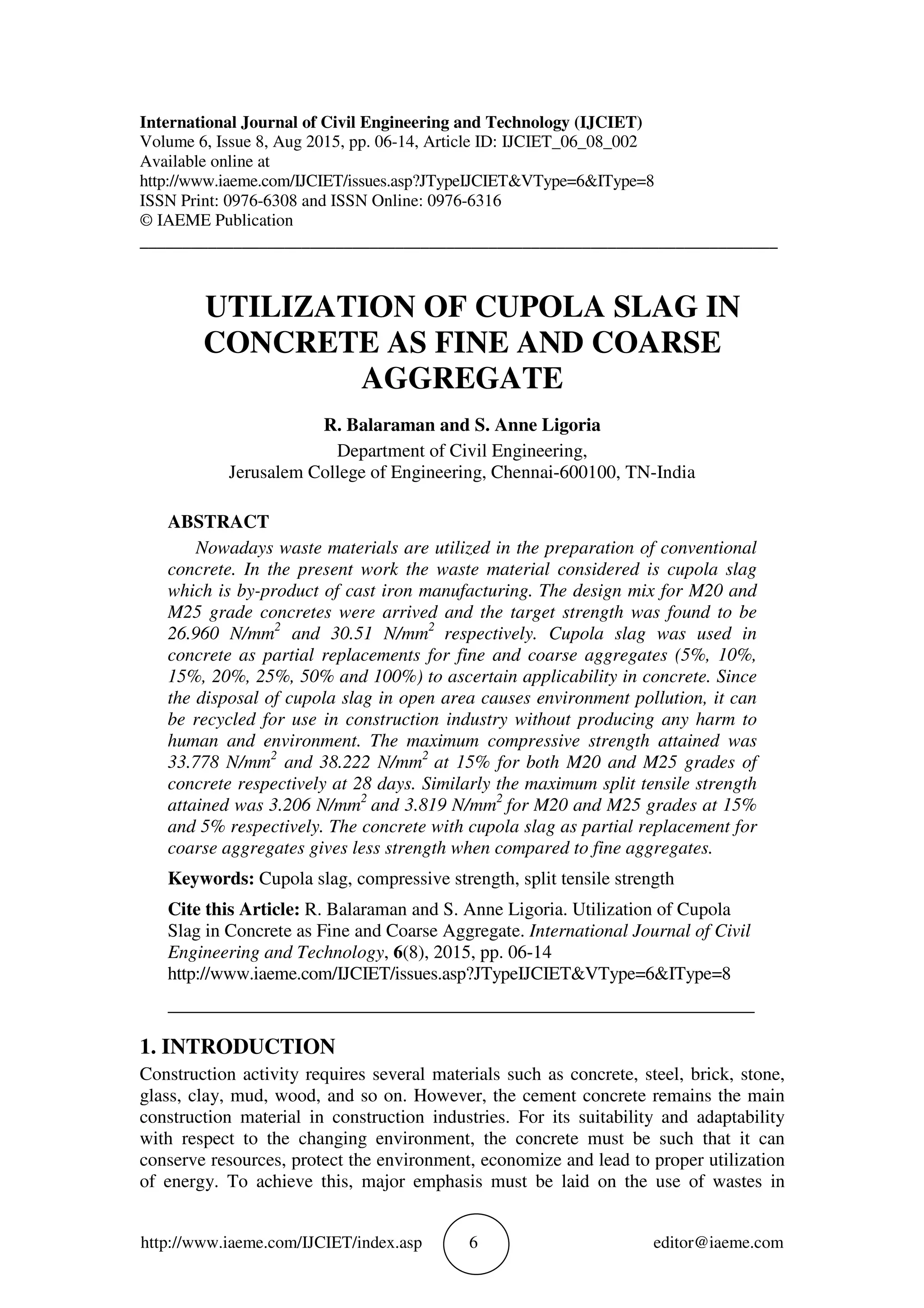 UTILIZATION OF CUPOLA SLAG IN CONCRETE AS FINE AND COARSE AGGREGATE | PDF