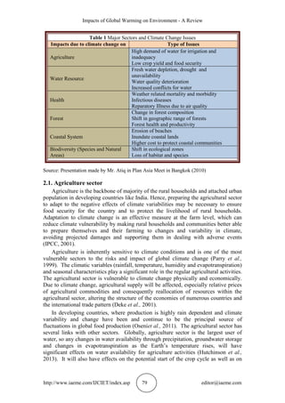Impacts of Global Warming on Environment - A Review
http://www.iaeme.com/IJCIET/index.asp 79 editor@iaeme.com
Table 1 Major Sectors and Climate Change Issues
Impacts due to climate change on Type of Issues
Agriculture
High demand of water for irrigation and
inadequacy
Low crop yield and food security
Water Resource
Fresh water depletion, drought and
unavailability
Water quality deterioration
Increased conflicts for water
Health
Weather related mortality and morbidity
Infectious diseases
Reparatory Illness due to air quality
Forest
Change in forest composition
Shift in geographic range of forests
Forest health and productivity
Coastal System
Erosion of beaches
Inundate coastal lands
Higher cost to protect coastal communities
Biodiversity (Species and Natural
Areas)
Shift in ecological zones
Loss of habitat and species
Source: Presentation made by Mr. Atiq in Plan Asia Meet in Bangkok (2010)
2.1. Agriculture sector
Agriculture is the backbone of majority of the rural households and attached urban
population in developing countries like India. Hence, preparing the agricultural sector
to adapt to the negative effects of climate variabilities may be necessary to ensure
food security for the country and to protect the livelihood of rural households.
Adaptation to climate change is an effective measure at the farm level, which can
reduce climate vulnerability by making rural households and communities better able
to prepare themselves and their farming to changes and variability in climate,
avoiding projected damages and supporting them in dealing with adverse events
(IPCC, 2001).
Agriculture is inherently sensitive to climate conditions and is one of the most
vulnerable sectors to the risks and impact of global climate change (Parry et al.,
1999). The climatic variables (rainfall, temperature, humidity and evapotranspiration)
and seasonal characteristics play a significant role in the regular agricultural activities.
The agricultural sector is vulnerable to climate change physically and economically.
Due to climate change, agricultural supply will be affected, especially relative prices
of agricultural commodities and consequently reallocation of resources within the
agricultural sector, altering the structure of the economies of numerous countries and
the international trade pattern (Deke et al., 2001).
In developing countries, where production is highly rain dependent and climate
variability and change have been and continue to be the principal source of
fluctuations in global food production (Oseniet al., 2011). The agricultural sector has
several links with other sectors. Globally, agriculture sector is the largest user of
water, so any changes in water availability through precipitation, groundwater storage
and changes in evapotranspiration as the Earth’s temperature rises, will have
significant effects on water availability for agriculture activities (Hutchinson et al.,
2013). It will also have effects on the potential start of the crop cycle as well as on
 
