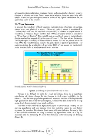 Impacts of Global Warming on Environment - A Review
http://www.iaeme.com/IJCIET/index.asp 81 editor@iaeme.com
advances in existing adaptation practices. Hence, understanding how farmers perceive
changes in climate and what factors shape their adaptive behavior, especially with
respect to various agro-ecological zones in India will be a great contribution for the
agriculture sector in the country.
2.2. Water Resources
In general, the availability of fresh water in a region (in terms of surface, sub-surface,
ground water and glaciers) is above 1700 cu.m/ capita / annum is considered as
“Satisfactory Level” and the level falls between 1000 to 1700 cu.m/ capita/ annum is
considered as “Stressed Stage” and less than 1000 cu.m/ capita/ annum is considered
as “Water Scarcity Region”. The available data around fresh water in India indicates
that the availability is drastically going down (Figure 1). The data shows that during
1955’s per capita availability of fresh water was around 5277 m3
per annum and in the
year 2000, the available scared resource has come down to 2200 m3
per annum. The
projection is that the availability will go below 1000 m3
per annum per capita in 25
years, it means, India is heading towards water scarcity.
Source: Central Water Commission (2014)
Figure 1 Availability of renewable fresh water in India
Though it is difficult to state the exact percentage, there is a significant
contribution of climate change for the changes in fresh water availability in the
country. Ever increase population growth and improved standard of living demands
high quantum of fresh water for consumption, whereas the fresh water level is keep
going down, this mismatch would result conflicts.
The fresh water demand for Agriculture sector to ensure food security for the
growing population and also demand from the Industrial sector is also further
aggravate the situation. The data on fresh water utilization indicates that nearly 90%
of the available resources are being consumed by Agriculture sector, 6 % by the
Industries and the remaining 4% is by the Domestic sector including for drinking
(Figure 2).
 