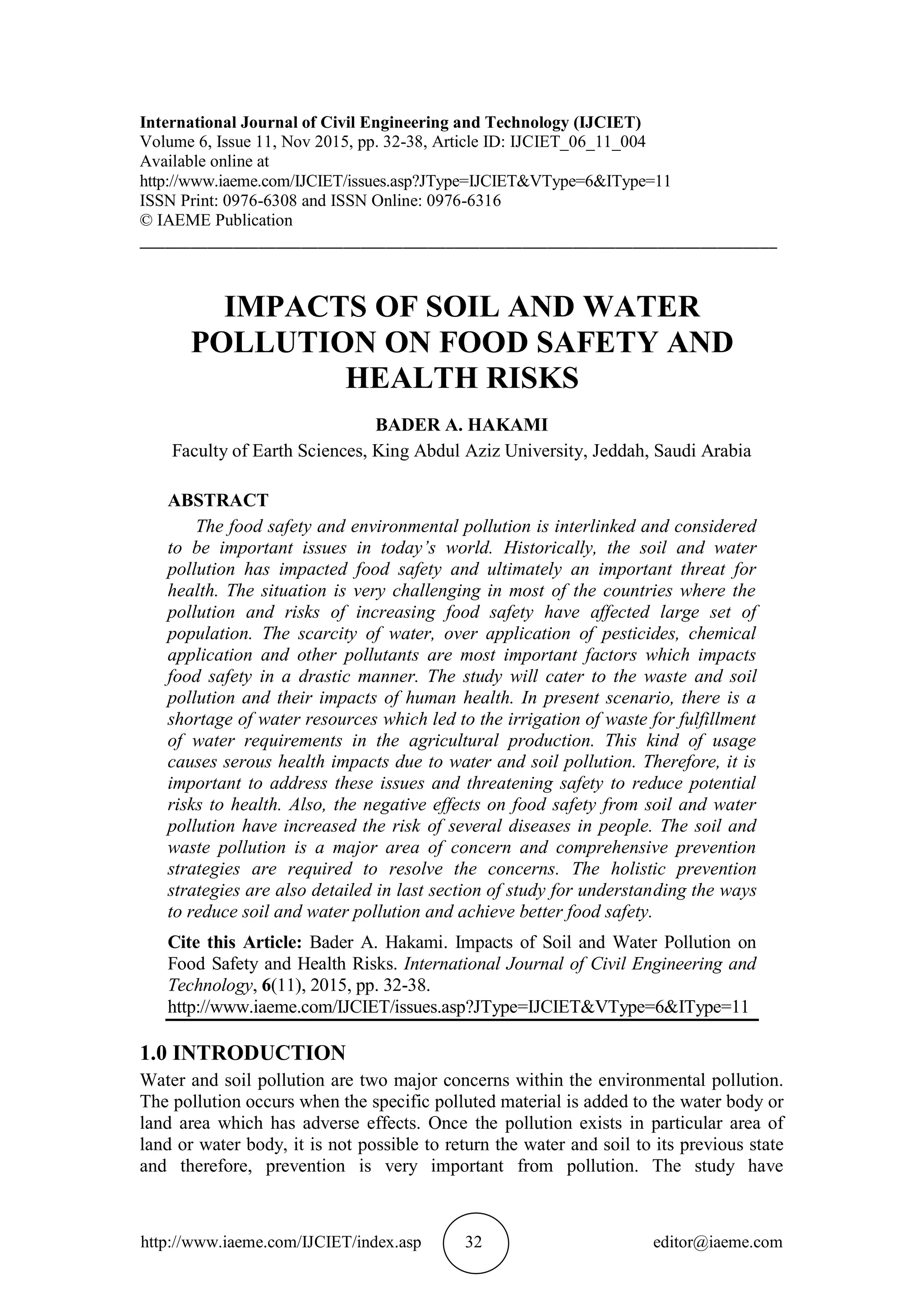 IMPACTS OF SOIL AND WATER POLLUTION ON FOOD SAFETY AND HEALTH RISKS | PDF