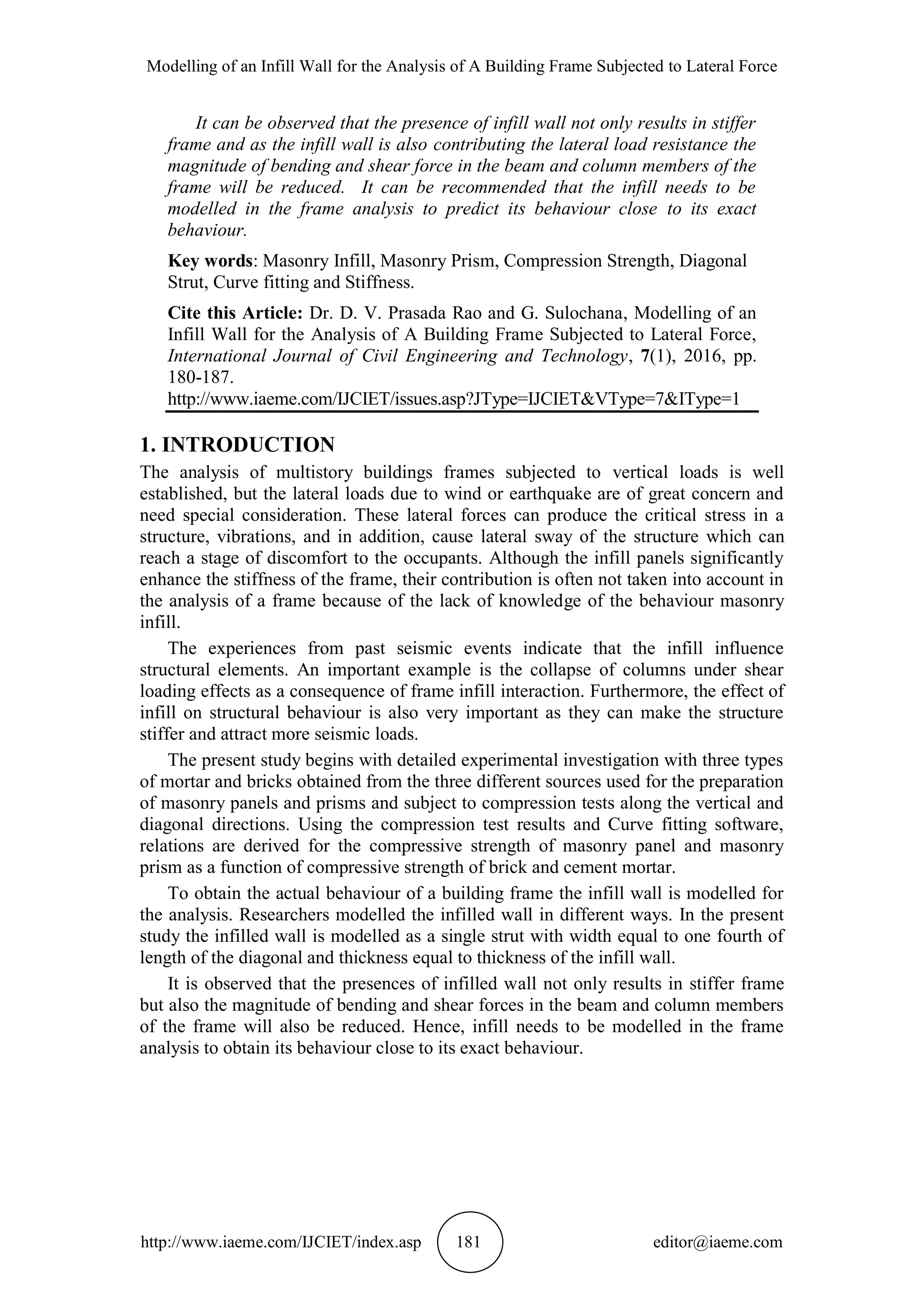 MODELLING OF AN INFILL WALL FOR THE ANALYSIS OF A BUILDING FRAME ...