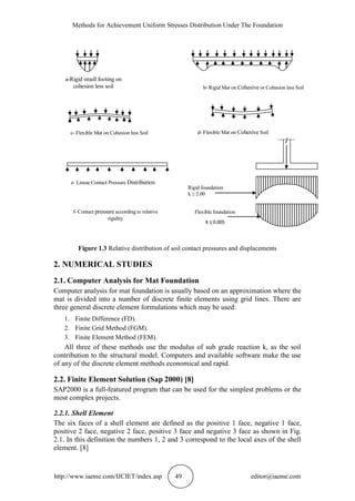 Methods for Achievement Uniform Stresses Distribution Under The Foundation
http://www.iaeme.com/IJCIET/index.asp 49 editor@iaeme.com
Figure 1.3 Relative distribution of soil contact pressures and displacements
2. NUMERICAL STUDIES
2.1. Computer Analysis for Mat Foundation
Computer analysis for mat foundation is usually based on an approximation where the
mat is divided into a number of discrete finite elements using grid lines. There are
three general discrete element formulations which may be used:
1. Finite Difference (FD).
2. Finite Grid Method (FGM).
3. Finite Element Method (FEM).
All three of these methods use the modulus of sub grade reaction k, as the soil
contribution to the structural model. Computers and available software make the use
of any of the discrete element methods economical and rapid.
2.2. Finite Element Solution (Sap 2000) [8]
SAP2000 is a full-featured program that can be used for the simplest problems or the
most complex projects.
2.2.1. Shell Element
The six faces of a shell element are defined as the positive 1 face, negative 1 face,
positive 2 face, negative 2 face, positive 3 face and negative 3 face as shown in Fig.
2.1. In this definition the numbers 1, 2 and 3 correspond to the local axes of the shell
element. [8]
a-Rigid small footing on
cohesion less soil b- Rigid Mat on Cohesive or Cohesion less Soil
c- Flexible Mat on Cohesion less Soil d- Flexible Mat on Cohesive Soil
e- Linear Contact Pressure Distribution
f- Contact pressure according to relative
rigidity
Rigid foundation
k ≥ 2.00
Flexible foundation
K ≤ 0.005
F.L (-2.00)
F.L (-2.00)
F.L (-2.00)
 