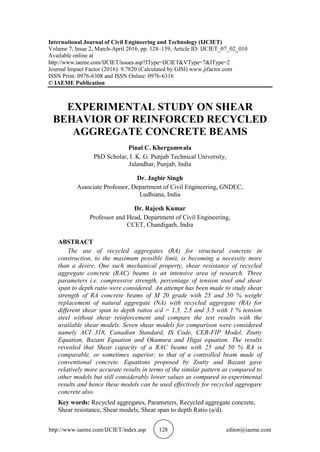 EXPERIMENTAL STUDY ON SHEAR BEHAVIOR OF REINFORCED RECYCLED AGGREGATE ...