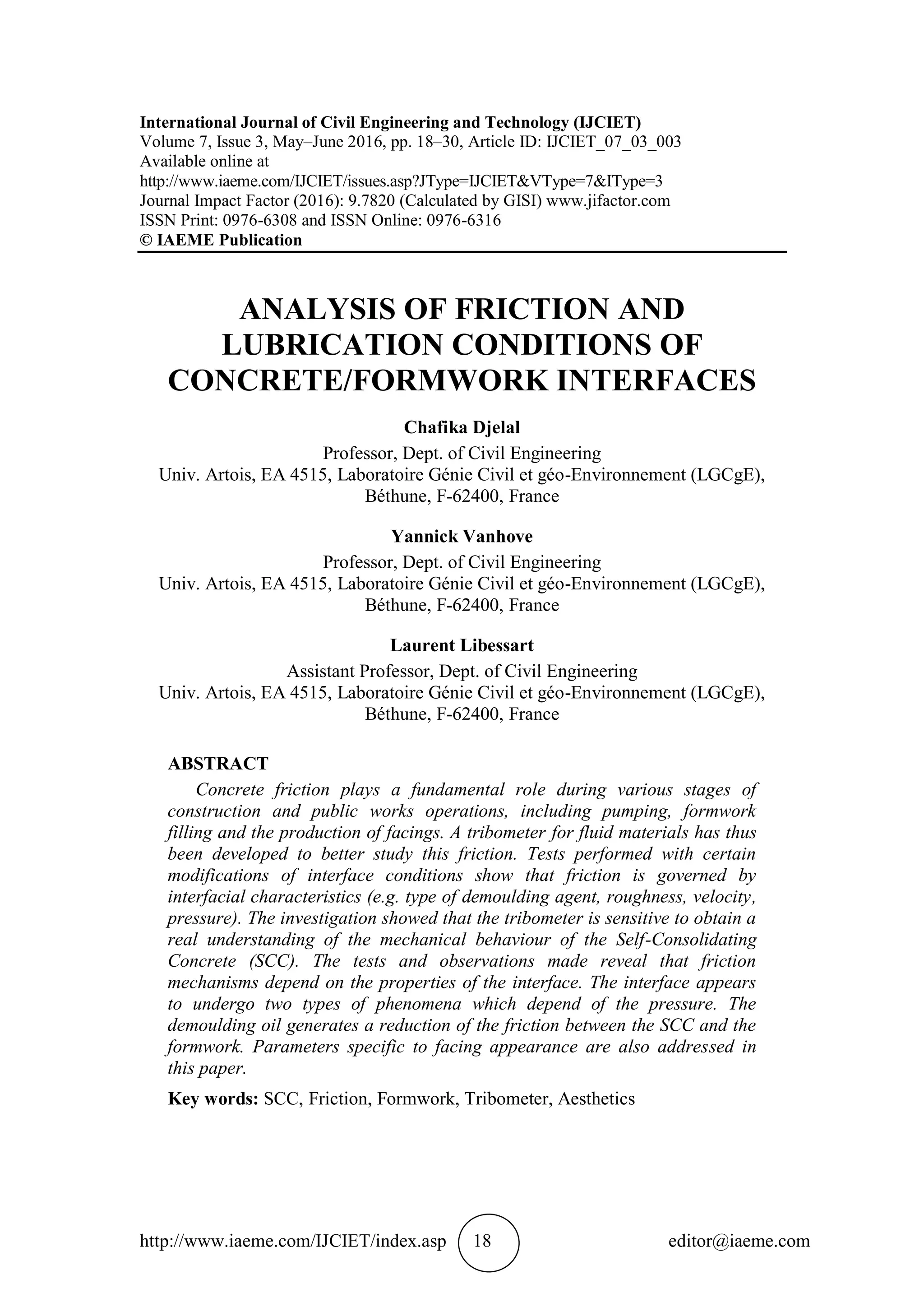 ANALYSIS OF FRICTION AND LUBRICATION CONDITIONS OF CONCRETE/FORMWORK ...