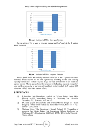 Analysis and Comparative Study of Composite Bridge Girders
http://www.iaeme.com/IJCIET/index.asp 363 editor@iaeme.com
Figure 6 Variation in BM for short spanT section
The variation of 3% is seen in between manual and SAP analysis for T section
along long span.
Figure 7 Variation in BM for long span T section
Above graph shows the bending moment variation in the T-girder calculated
manually. Every section has its own significance according to the load carrying
capacity whereas in T section only one flange and web is the results in low resistance
against torsion. Above graph shows the variation in the bending moment along short
span and long span, due to increase self-weight of girder Similarly in T section SAP
values are slightly more than manual values.
REFERENCES
[1] R.Shreedhar, SpurtiMamadapur, Analysis of T-Beam Bridge Using Finite
Element method, International Journal of Engineering end Innovative
Technology, 2(3), September 2012, pp. 1–7.
[2] Dr.Maher Qaqish, Dr.EyadFadda and Dr.EmadAkawwi, Design of T-Beam
Bridge by Finite Element Method and Aashot Specification, Kmitl Sci. J. 8 (1)
January – June, 2008,1–11.
[3] Muthanna Abbu1, Talha Ekmekyapar1, Mustafa Özakça1, 3D FE modelling of
composite box Girder Bridge, 2nd International Balkans Conference on
Challenges of Civil Engineering, BCCCE, 23–25 May 2013, Epoka University,
Tirana, Albania.
 