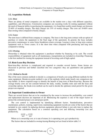 A MODEL STUDY ON COMPARATIVE COST ANALYSIS OF EQUIPMENT MANAGEMENT IN ...