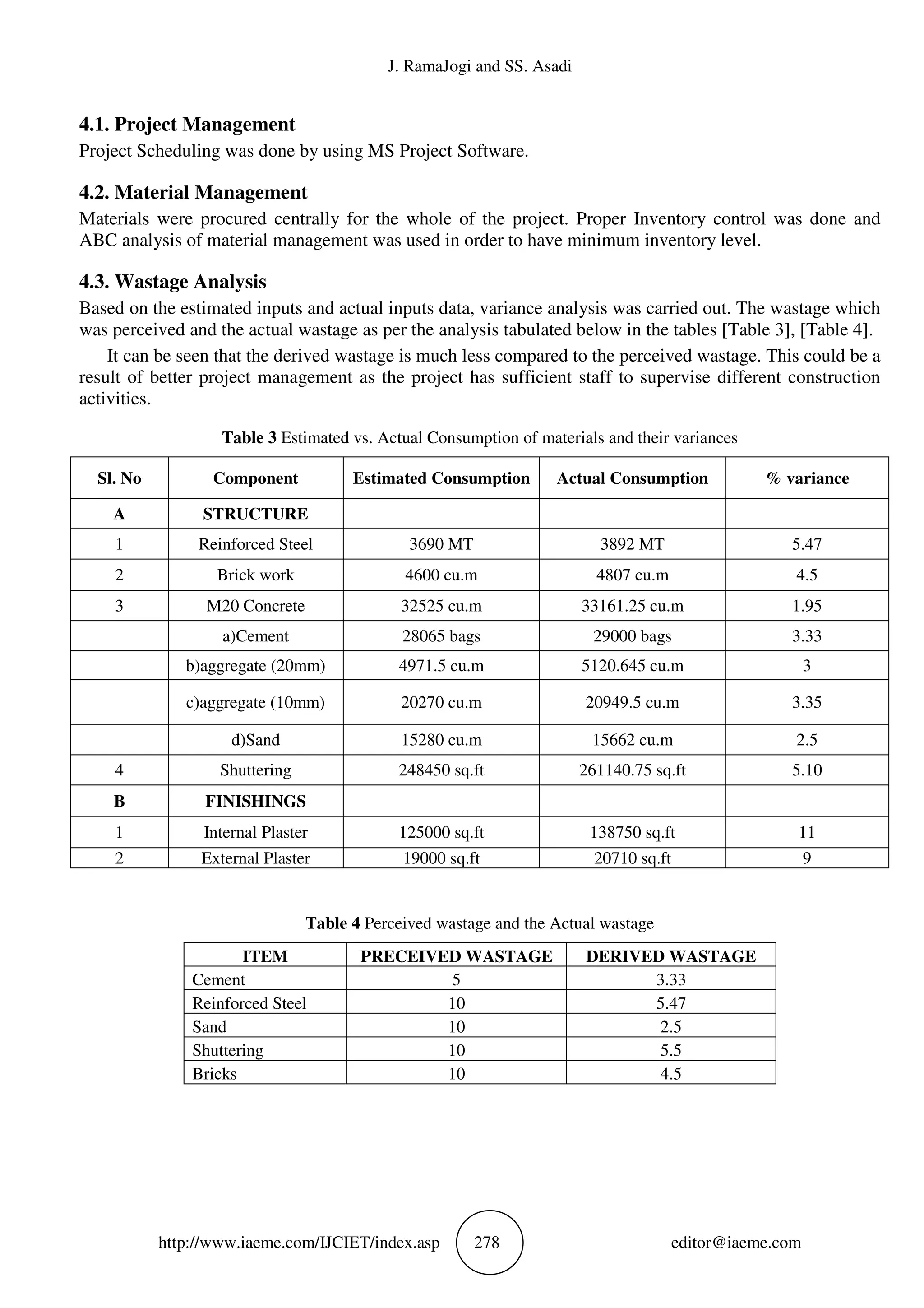 J. RamaJogi and SS. Asadi
http://www.iaeme.com/IJCIET/index.asp 278 editor@iaeme.com
4.1. Project Management
Project Scheduling was done by using MS Project Software.
4.2. Material Management
Materials were procured centrally for the whole of the project. Proper Inventory control was done and
ABC analysis of material management was used in order to have minimum inventory level.
4.3. Wastage Analysis
Based on the estimated inputs and actual inputs data, variance analysis was carried out. The wastage which
was perceived and the actual wastage as per the analysis tabulated below in the tables [Table 3], [Table 4].
It can be seen that the derived wastage is much less compared to the perceived wastage. This could be a
result of better project management as the project has sufficient staff to supervise different construction
activities.
Table 3 Estimated vs. Actual Consumption of materials and their variances
Sl. No Component Estimated Consumption Actual Consumption % variance
A STRUCTURE
1 Reinforced Steel 3690 MT 3892 MT 5.47
2 Brick work 4600 cu.m 4807 cu.m 4.5
3 M20 Concrete 32525 cu.m 33161.25 cu.m 1.95
a)Cement 28065 bags 29000 bags 3.33
b)aggregate (20mm) 4971.5 cu.m 5120.645 cu.m 3
c)aggregate (10mm) 20270 cu.m 20949.5 cu.m 3.35
d)Sand 15280 cu.m 15662 cu.m 2.5
4 Shuttering 248450 sq.ft 261140.75 sq.ft 5.10
B FINISHINGS
1 Internal Plaster 125000 sq.ft 138750 sq.ft 11
2 External Plaster 19000 sq.ft 20710 sq.ft 9
Table 4 Perceived wastage and the Actual wastage
ITEM PRECEIVED WASTAGE DERIVED WASTAGE
Cement 5 3.33
Reinforced Steel 10 5.47
Sand 10 2.5
Shuttering 10 5.5
Bricks 10 4.5
 