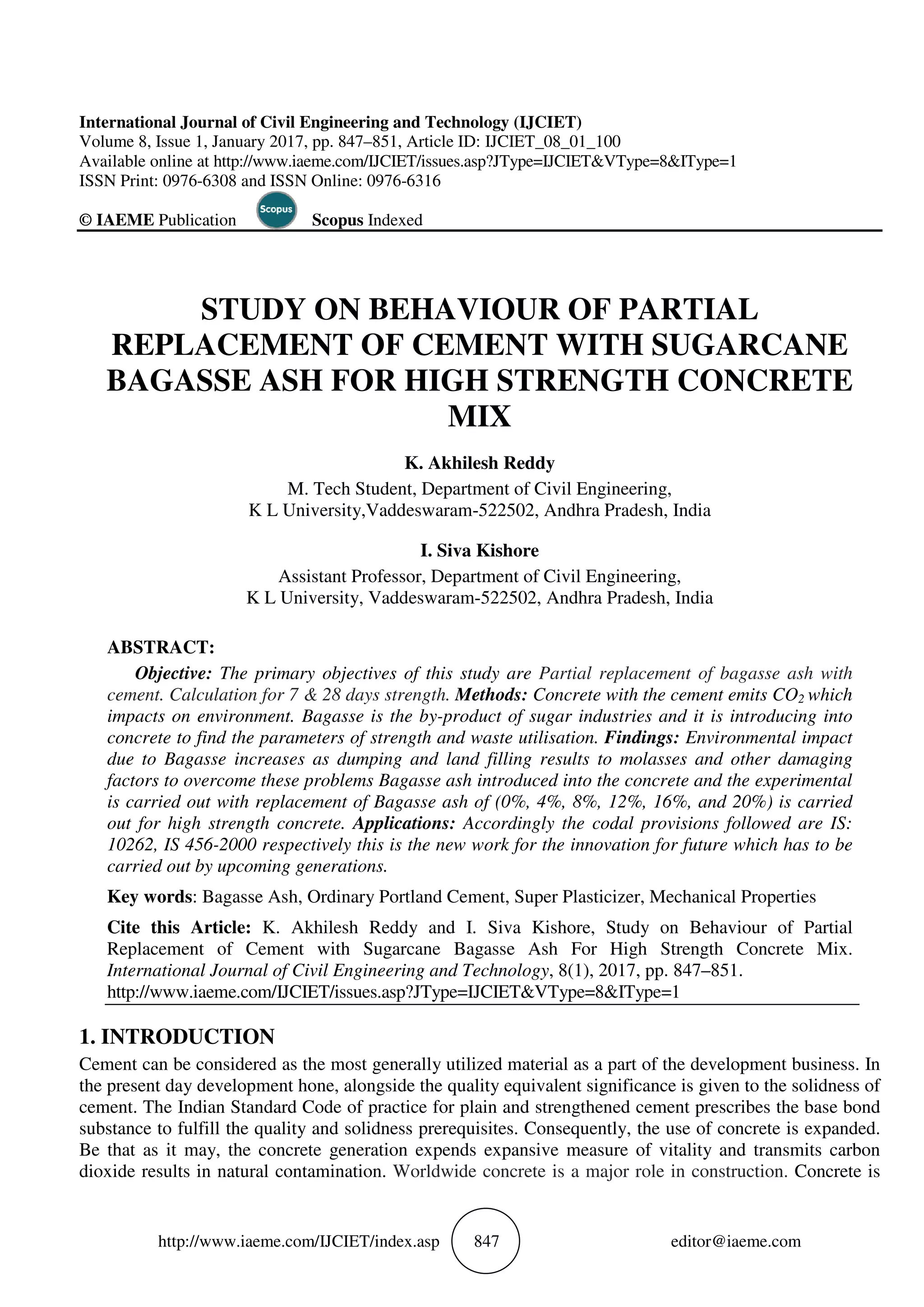 STUDY ON BEHAVIOUR OF PARTIAL REPLACEMENT OF CEMENT WITH SUGARCANE ...