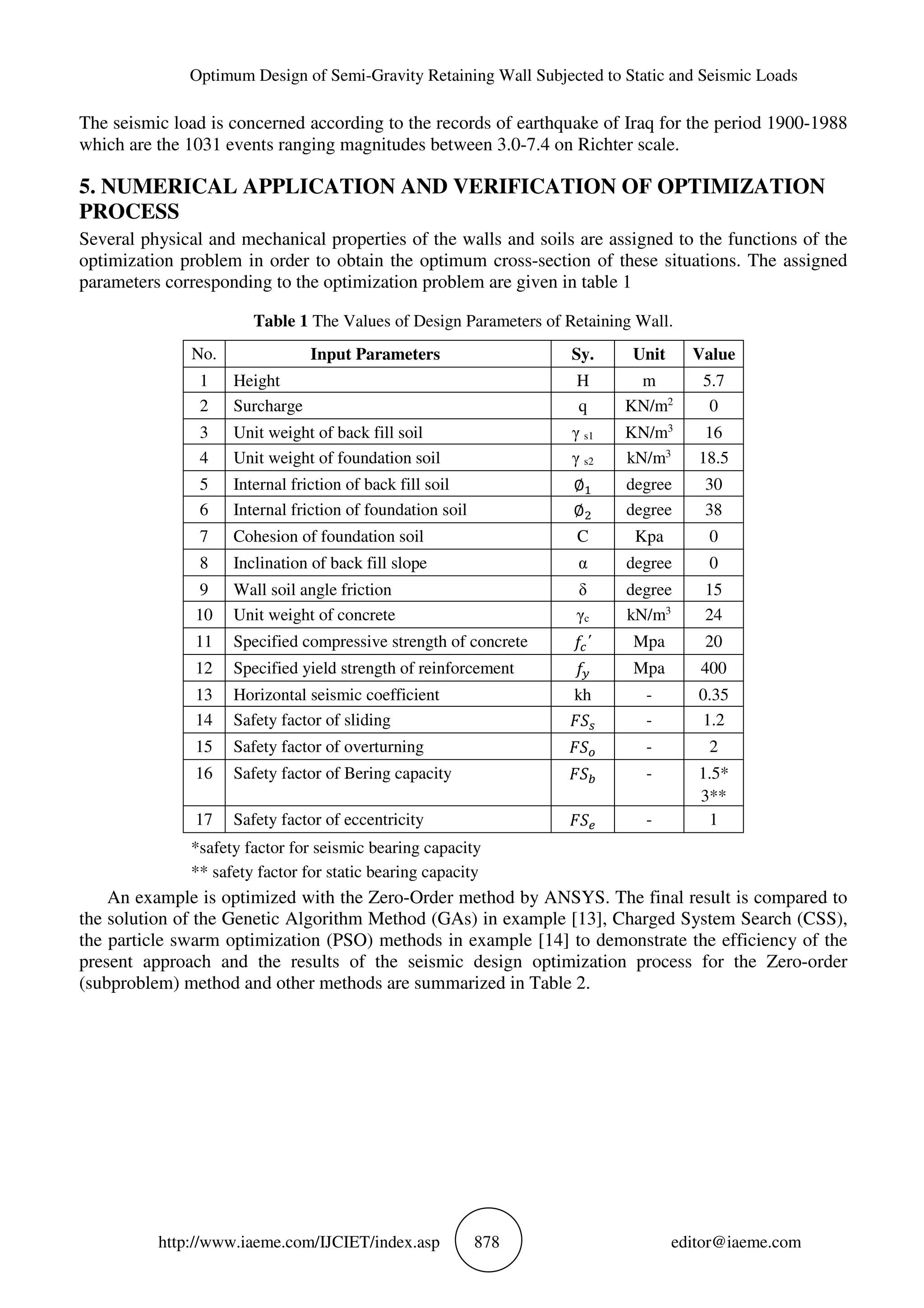 Optimum Design of Semi-Gravity Retaining Wall Subjected to Static and Seismic Loads
http://www.iaeme.com/IJCIET/index.asp 878 editor@iaeme.com
The seismic load is concerned according to the records of earthquake of Iraq for the period 1900-1988
which are the 1031 events ranging magnitudes between 3.0-7.4 on Richter scale.
5. NUMERICAL APPLICATION AND VERIFICATION OF OPTIMIZATION
PROCESS
Several physical and mechanical properties of the walls and soils are assigned to the functions of the
optimization problem in order to obtain the optimum cross-section of these situations. The assigned
parameters corresponding to the optimization problem are given in table 1
Table 1 The Values of Design Parameters of Retaining Wall.
No. Input Parameters Sy. Unit Value
1 Height H m 5.7
2 Surcharge q KN/m2
0
3 Unit weight of back fill soil γ s1 KN/m3
16
4 Unit weight of foundation soil γ s2 kN/m3
18.5
5 Internal friction of back fill soil ∅" degree 30
6 Internal friction of foundation soil ∅# degree 38
7 Cohesion of foundation soil C Kpa 0
8 Inclination of back fill slope α degree 0
9 Wall soil angle friction δ degree 15
10 Unit weight of concrete γc kN/m3
24
11 Specified compressive strength of concrete ´ Mpa 20
12 Specified yield strength of reinforcement Mpa 400
13 Horizontal seismic coefficient kh - 0.35
14 Safety factor of sliding +/ - 1.2
15 Safety factor of overturning +, - 2
16 Safety factor of Bering capacity + - 1.5*
3**
17 Safety factor of eccentricity +. - 1
*safety factor for seismic bearing capacity
** safety factor for static bearing capacity
An example is optimized with the Zero-Order method by ANSYS. The final result is compared to
the solution of the Genetic Algorithm Method (GAs) in example [13], Charged System Search (CSS),
the particle swarm optimization (PSO) methods in example [14] to demonstrate the efficiency of the
present approach and the results of the seismic design optimization process for the Zero-order
(subproblem) method and other methods are summarized in Table 2.
 