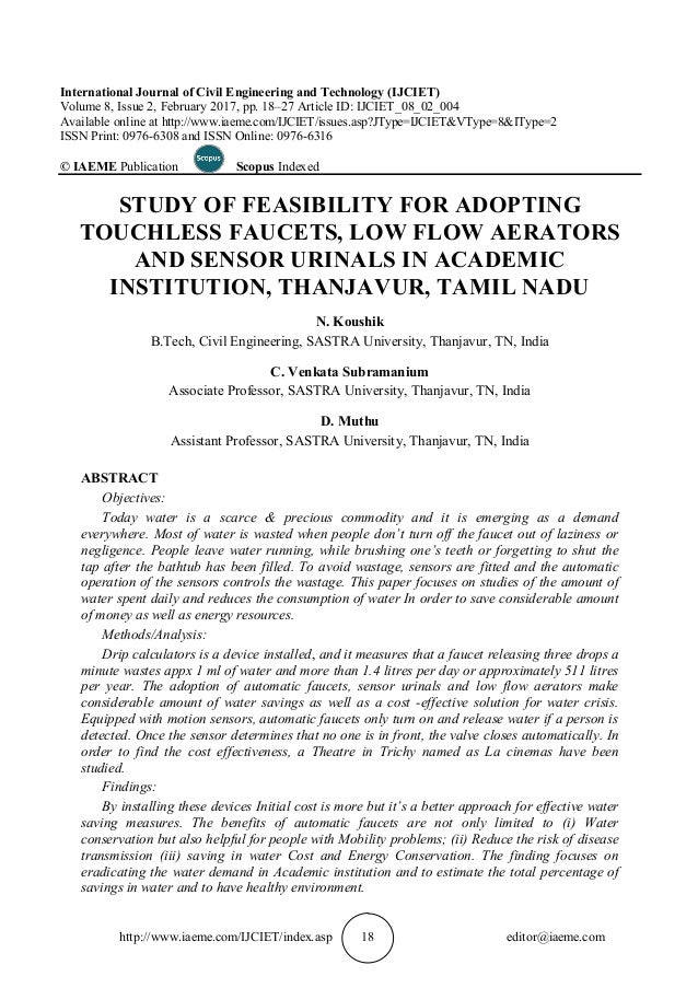Study Of Feasibility For Adopting Touchless Faucets Low Flow Aerator