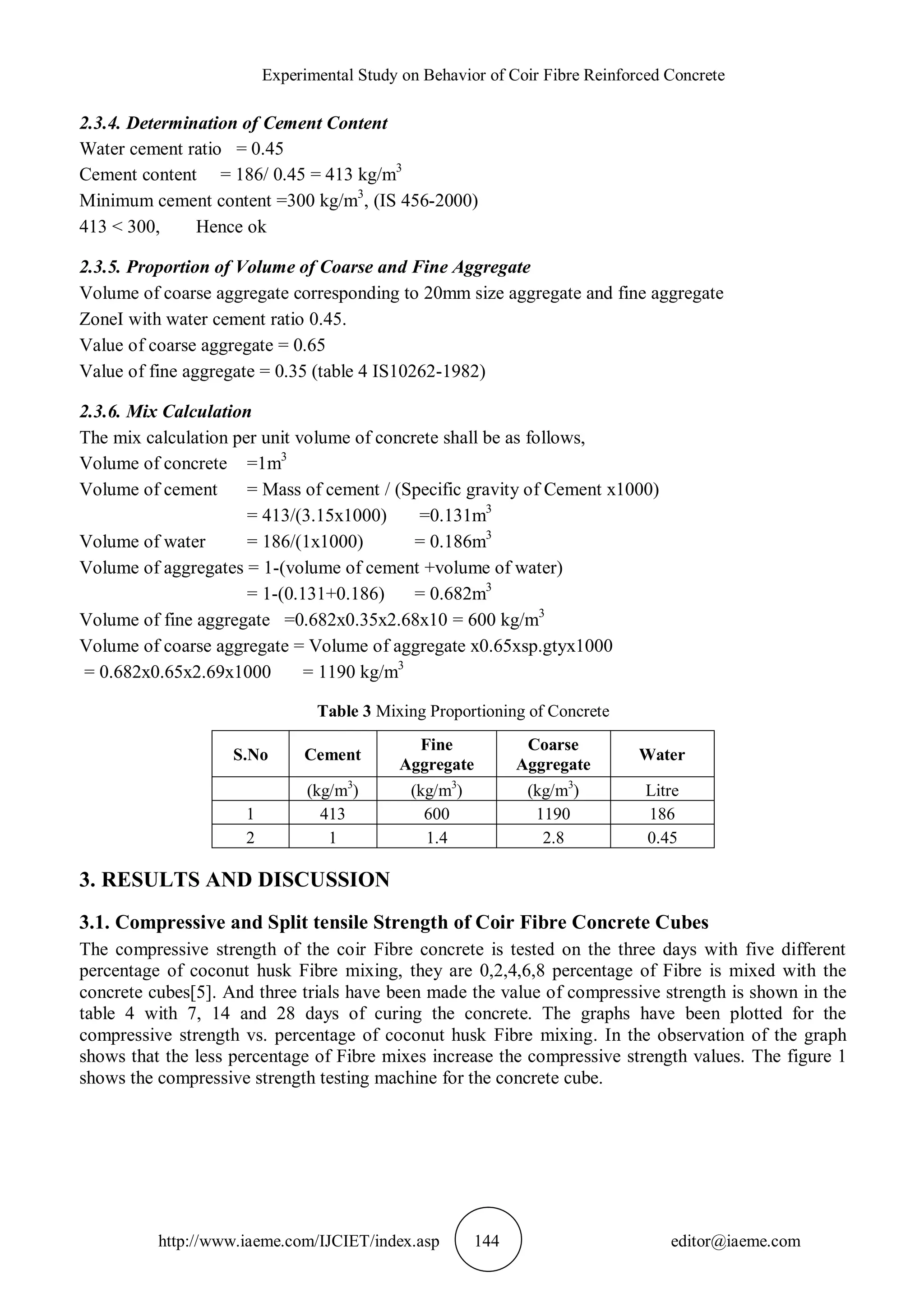 EXPERIMENTAL STUDY ON BEHAVIOR OF COIR FIBRE REINFORCED CONCRETE | PDF