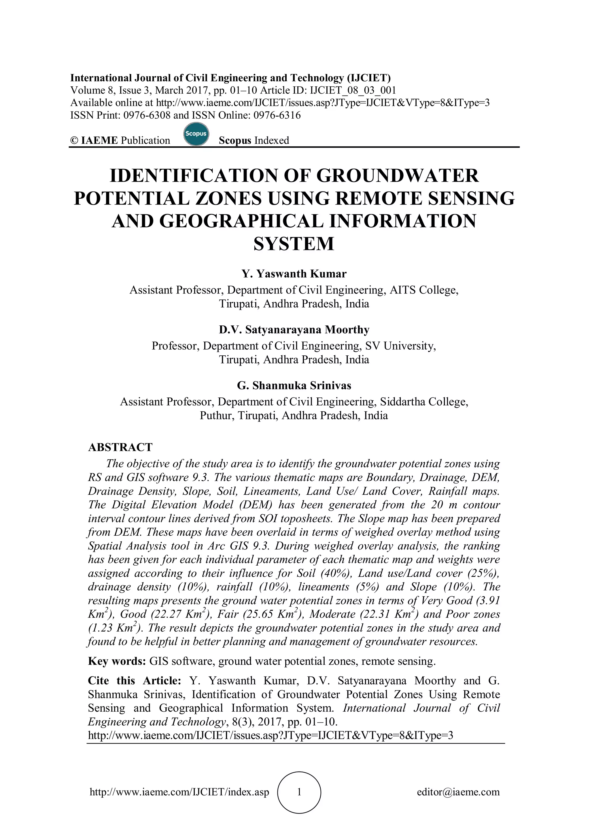 IDENTIFICATION OF GROUNDWATER POTENTIAL ZONES USING REMOTE SENSING AND ...