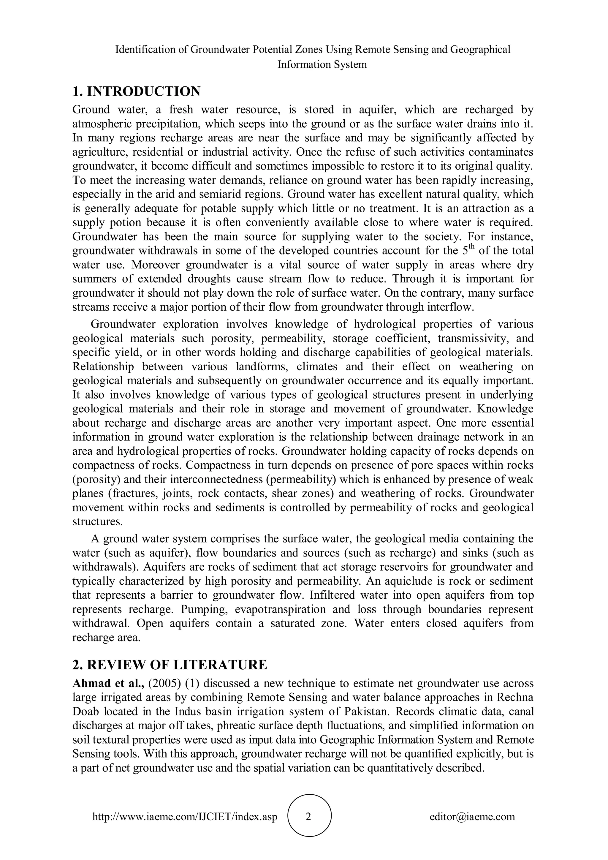 IDENTIFICATION OF GROUNDWATER POTENTIAL ZONES USING REMOTE SENSING AND ...