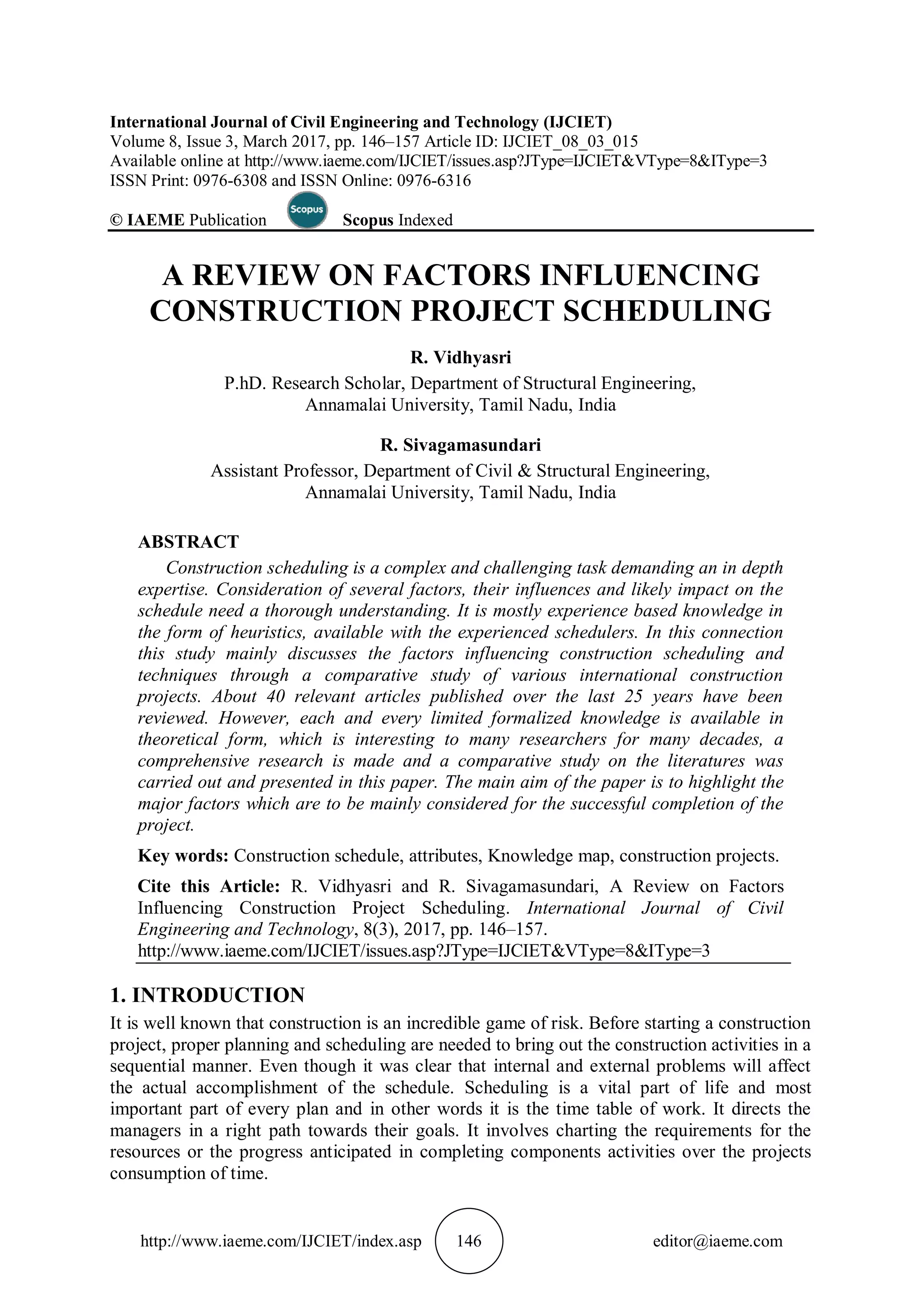 A REVIEW ON FACTORS INFLUENCING CONSTRUCTION PROJECT SCHEDULING | PDF