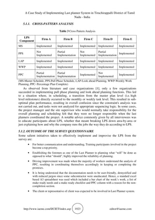 A Case Study of Implementing Last planner System in Tiruchirappalli District of Tamil
Nadu - India
http://www.iaeme.com/IJCIET/index.asp 1923 editor@iaeme.com
5.1.1. CROSS-PATTERN ANALYSIS
Table 3 Cross Pattern Analysis
(MS-Master Schedule, PPS-Pull Phase Schedule, LAP-Look ahead Planning, WWP-Weekly Work
Planning, PPC- Percentage Plan Complete)
As observed from literature and case organizations [1], only a few organizations
succeeded in implementing pull phase planning and look ahead planning functions. This led
to a situation where, in scheduling, a transition from the master plan level (i.e. high
level milestones) directly occurred to the monthly or weekly task level. This resulted in sub-
optimal plan performance, resulting in overall confusion since the constraint's analysis was
not carried out, and tasks were not analyzed for appropriate sequencing logic. In some cases,
the project manager and the site supervisor who would normally take responsibility for the
overall planning and scheduling felt that they were no longer responsible when the last
planners coordinated the project. A notable advice commonly given by all interviewees was
to educate participants about LPS, whether that meant breaking LPS down area-by-area or
just explaining how and why the company runs the jobs the way they do according to LPS.
5.1.2. OUTCOME OF THE SURVEY QUESTIONNAIRE
Some salient initiatives taken to effectively implement and improvise the LPS from the
survey are:
• For better communication and understanding, Training participants involved in the project
become a top priority.
• Establishing the foremen as one of the Last Planner to planning what “will” be done as
opposed to what “should”, highly improved the reliability of planning.
• Driving improvement was made when the majority of workers understand the analysis of
PPC, resulting in coordinating themselves accordingly in keeping or completing the
promises.
• It is being understood that the documentation needs to be user-friendly, demystified and
with reduced jargon since some subcontractor were uneducated. Hence, a standard excel
based A3 spreadsheet was used which included a bar chart of the week’s work, a list of
make ready needs and a make ready checklist and PPC column with a reason for the non-
completion section.
• The client or representative of client was expected to be involved in Last Planner system.
LPS
Component
Firm A Firm B Firm C Firm D Firm E
MS Implemented Implemented Implemented Implemented Implemented
PPS
Not
Implemented
Partial
Implementation
Not
Implemented
Partial
Implementation
Implemented
LAP Implemented Implemented Implemented Implemented Implemented
WWP Implemented Implemented Implemented Implemented Implemented
PPC
Partial
Implementation
Partial
Implementation
Implemented
Not
Implemented
Implemented
 