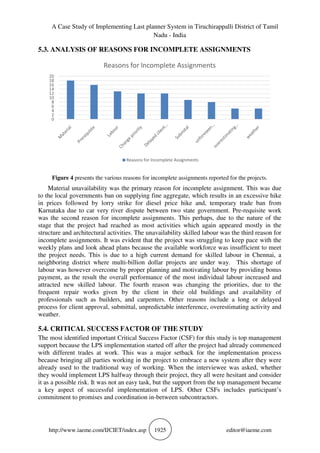 A Case Study of Implementing Last planner System in Tiruchirappalli District of Tamil
Nadu - India
http://www.iaeme.com/IJCIET/index.asp 1925 editor@iaeme.com
5.3. ANALYSIS OF REASONS FOR INCOMPLETE ASSIGNMENTS
Figure 4 presents the various reasons for incomplete assignments reported for the projects.
Material unavailability was the primary reason for incomplete assignment. This was due
to the local governments ban on supplying fine aggregate, which results in an excessive hike
in prices followed by lorry strike for diesel price hike and, temporary trade ban from
Karnataka due to car very river dispute between two state government. Pre-requisite work
was the second reason for incomplete assignments. This perhaps, due to the nature of the
stage that the project had reached as most activities which again appeared mostly in the
structure and architectural activities. The unavailability skilled labour was the third reason for
incomplete assignments. It was evident that the project was struggling to keep pace with the
weekly plans and look ahead plans because the available workforce was insufficient to meet
the project needs. This is due to a high current demand for skilled labour in Chennai, a
neighboring district where multi-billion dollar projects are under way. This shortage of
labour was however overcome by proper planning and motivating labour by providing bonus
payment, as the result the overall performance of the most individual labour increased and
attracted new skilled labour. The fourth reason was changing the priorities, due to the
frequent repair works given by the client in their old buildings and availability of
professionals such as builders, and carpenters. Other reasons include a long or delayed
process for client approval, submittal, unpredictable interference, overestimating activity and
weather.
5.4. CRITICAL SUCCESS FACTOR OF THE STUDY
The most identified important Critical Success Factor (CSF) for this study is top management
support because the LPS implementation started off after the project had already commenced
with different trades at work. This was a major setback for the implementation process
because bringing all parties working in the project to embrace a new system after they were
already used to the traditional way of working. When the interviewee was asked, whether
they would implement LPS halfway through their project, they all were hesitant and consider
it as a possible risk. It was not an easy task, but the support from the top management became
a key aspect of successful implementation of LPS. Other CSFs includes participant’s
commitment to promises and coordination in-between subcontractors.
0
2
4
6
8
10
12
14
16
18
20
Reasons for Incomplete Assignments
Reasons for Incomplete Assignments
 