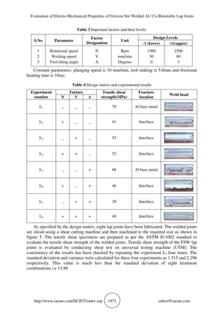 Evaluation of Electro-Mechanical Properties of Friction Stir Welded Al / Cu Bimetallic Lap Joints
http://www.iaeme.com/IJCIET/index.asp 1971 editor@iaeme.com
Table 3 Important factors and their levels.
S.No Parameter
Factor
Designation
Unit
Design Levels
-1 (lower) +1(upper)
1
2
3
Rotational speed
Welding speed
Tool tilting angle
N
V
A
Rpm
mm/min
Degrees
1500
30
0
2500
80
3
Constant parameters: plunging speed is 10 mm/min, tool sinking is 5.8mm and frictional
heating time is 10sec.
Table 4 Design matrix and experimental results
Experiment
number
Factors Tensile shear
strength(MPa)
Fracture
location
Weld bead
N V A
L1 _ _ _ 70 Al base metal
L2 + _ _ 41 Interface
L3 _ + _ 55 Interface
L4 + + _ 52 Interface
L5 _ _ + 68 Al base metal
L6 + _ + 46 Interface
L7 _ + + 30 Interface
L8 + + + 40 Interface
As specified by the design matrix, eight lap joints have been fabricated. The welded joints
are sliced using a shear cutting machine and then machined to the required size as shown in
figure 5. The tensile shear specimens are prepared as per the ASTM D-1002 standard to
evaluate the tensile shear strength of the welded joints. Tensile shear strength of the FSW lap
joints is evaluated by conducting shear test on universal testing machine (UTM). The
consistency of the results has been checked by repeating the experiment L1 four times. The
standard deviation and variance were calculated for these four experiments as 1.515 and 2.296
respectively. This value is much less than the standard deviation of eight treatment
combinations i.e 13.88
 