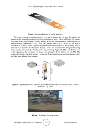 Dr. M. Satya Narayana Gupta and K. Shiva Shankar
http://www.iaeme.com/IJCIET/index.asp 1972 editor@iaeme.com
Figure 5 Schematic Diagram of Tensile Specimen
The test specimens for measurement of electrical resistance are cut from the friction stir
welded Al /Cu bimetallic lap joints and had a dimension of 3mm x 20mm x 170mm. The contact
resistance across interface of friction stir welded Al/Cu was measured using the high-precision
nano-voltmeter (KEITHLEY 2182) and DC current source (KEITHLEY 6220) with a
resolution of 10 nano - ohms. Figure 6 shows the simplified schematic of the assembly used to
measure resistance of Al/Cu lap joints. Figure 7 shows the resistance test arrangement during
measuring the resistance of Al/Cu lap joints. By measuring the potential between the two ends
of the specimen, the specimen resistance was calculated from Ohm’s law (V=IR). The
specimen resistance was determined by averaging 10 resistance measurements made across this
interface after selected time interval.
Figure 6. Simplified Schematic Representation of The Setup Used to Measure Resistance Of Al/Cu
Bimetallic Lap Joints
Figure 7 Resistance Test Arrangement
 