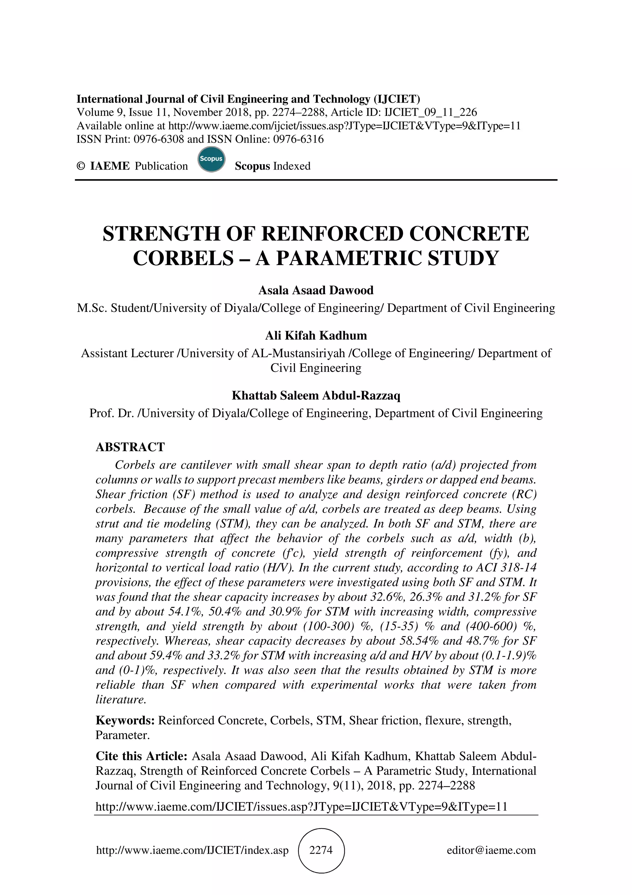 STRENGTH OF REINFORCED CONCRETE CORBELS – A PARAMETRIC STUDY | PDF