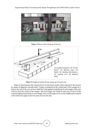 Experimental Study of Continuous RC Beams Strengthened with CFRP Fabrics Under Torsion
http://www.iaeme.com/IJCIET/index.asp 28 editor@iaeme.com
Figure 4 Photo of the setting up of the test
Figure 5 Graphical outline for the setting up of torsion test
Figure 6 demonstrates the internal forces in the beam model when exposed to the torsion
by means of opposite external loads. Torque is produced in the central part of the sample by a
load at the end of the arm of lever (half the load applied) multiplying by the length of the arm
of lever from the centre of the sample. The twist angle was found in each arm of lever of the
vertical displacement and lever arm length. The overall angle of twit in the middle part (central)
is the total twist angle in the two arms of lever the arm.
 