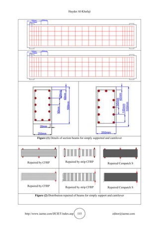 Hayder Al-Khafaji
http://www.iaeme.com/IJCIET/index.asp 115 editor@iaeme.com
Figure (1) Details of section beams for simply supported and cantilever
Repaired by CFRP Repaired by strip CFRP
Repaired Cempatch S
Repaired by CFRP Repaired by strip CFRP Repaired Cempatch S
Figure (2) Distribution repaired of beams for simply support and cantilever
 