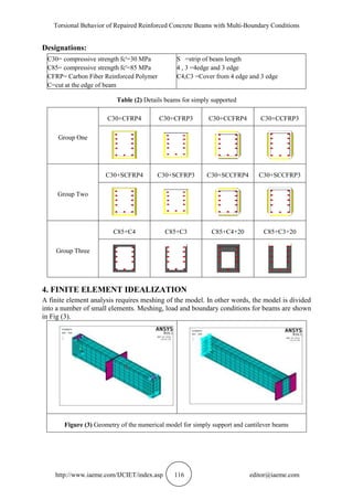 Torsional Behavior of Repaired Reinforced Concrete Beams with Multi-Boundary Conditions
http://www.iaeme.com/IJCIET/index.asp 116 editor@iaeme.com
Designations:
C30= compressive strength fc'=30 MPa
C85= compressive strength fc'=85 MPa
CFRP= Carbon Fiber Reinforced Polymer
C=cut at the edge of beam
S =strip of beam length
4 , 3 =4edge and 3 edge
C4,C3 =Cover from 4 edge and 3 edge
Table (2) Details beams for simply supported
Group One
C30+CFRP4 C30+CFRP3 C30+CCFRP4 C30+CCFRP3
Group Two
C30+SCFRP4 C30+SCFRP3 C30+SCCFRP4 C30+SCCFRP3
Group Three
C85+C4 C85+C3 C85+C4+20 C85+C3+20
4. FINITE ELEMENT IDEALIZATION
A finite element analysis requires meshing of the model. In other words, the model is divided
into a number of small elements. Meshing, load and boundary conditions for beams are shown
in Fig (3).
Figure (3) Geometry of the numerical model for simply support and cantilever beams
 