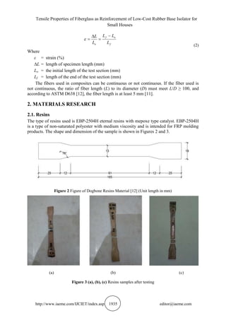 Tensile Properties of Fiberglass as Reinforcement of Low-Cost Rubber Base Isolator for
Small Houses
http://www.iaeme.com/IJCIET/index.asp 1935 editor@iaeme.com
f
of
o L
LL
L
L 



(2)
Where
ε = strain (%)
∆L = length of specimen length (mm)
Lo = the initial length of the test section (mm)
Lf = length of the end of the test section (mm)
The fibers used in composites can be continuous or not continuous. If the fiber used is
not continuous, the ratio of fiber length (L) to its diameter (D) must meet L/D ≥ 100, and
according to ASTM D638 [12], the fiber length is at least 5 mm [11].
2. MATERIALS RESEARCH
2.1. Resins
The type of resins used is EBP-2504H eternal resins with mepoxe type catalyst. EBP-2504H
is a type of non-saturated polyester with medium viscosity and is intended for FRP molding
products. The shape and dimension of the sample is shown in Figures 2 and 3.
Figure 2 Figure of Dogbone Resins Material [12] (Unit length in mm)
(a) (b) (c)
Figure 3 (a), (b), (c) Resins samples after testing
 