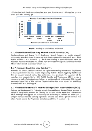 A Complete Survey on Predicting Performance of Engineering Students
http://www.iaeme.com/IJCIET/index.asp 50 editor@iaeme.com
cfsSubsetEval and GainRatioAttributeEval was used. Results reveal cfsSubsetEval perform
better with 84% accuracy. [4]
Figure 1 Accuracy of Naive Bayes Classification
2.2. Performance Prediction using Artificial Neural Network (ANN)
Bendangnuksung and Prabu (2018) implement Neural Network to predict students’
performance. Cost Function with Accuracy were the metrics used in this research work.. Their
Model attained 83.4 % accuracy [7]. Okbu et.al develop a prediction model based on
Recurrent Neural Network (RNN) . Grades were predicted from log data. Results reveals that
RNN works well with an accuracy of 90% [8].
2.4. Performance Prediction using Decision Tree
Karishma and Swati (2016) use ID3 and C4.5 algorithm to identify students who are probable
to fail. Experiments were done on 200 Engineering student’s dataset. Applying the Decision
Tree on students internal marks, their performance was predicted. The Accuracy of the
classifiers was calculated to be 98.5 % [9]. Sumitha and Vinothkumar (2016) present a
comparative study of classification techniques to predict academic performance. This research
work experiments data of 350 students. Out of the classifiers, it was proved J48 was highly
influential with 97% accuracy[10] .
2.3. Performance Performance Prediction using Support Vector Machine (SVM)
Eashwar and Venkatesan (2017) develop a prediction model using Support Vector Machine to
recognize postgraduate students for carrying out doctoral studies. Data were clustered and
SVM technique was applied. 96.7% accuracy was achieved [13]. Jamuna and Shoba (2017)
compare various machine learning algorithms. Students data from a private institute was
taken. Results unravel the Polynomial Kernel achieved 97.62 % accuracy [14].
98.8
84.23
93.17
68.5
0
20
40
60
80
100
Fahad Razaque
2018 [3]
Srinivas A
2017 [4]
Ihsan A. Abu
Amra
2017 [5]
Azwa Abdual
Aziz
2014 [6]
AccuracyoftheWork
Author Name and Year of Publication
Accuracy of Naive Bayes Classification Works
Accuracy
 
