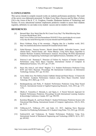 V. Sathya Durga and J. Thangakumar
http://www.iaeme.com/IJCIET/index.asp 55 editor@iaeme.com
5. CONCLUSIONS
This survey intends to compile research works on students performance prediction. The result
of the survey was elaborately presented. To Make Every Man a Success and No Man a Failure
[24] is the vision of the K. C. G. Verghese, Founder, Hindustan Institute of Technology and
Science. If every educational institute implements predictive models to assess their students
regularly, definitely we can make every student success and no student a failure.
REFERENCES
[1] Bernard Marr, How Much Data Do We Create Every Day? The Mind-Blowing Stats
Everyone Should Read, 2018.
https://www.forbes.com/sites/bernardmarr/2018/05/21/how-much-data-do-we-create-
every-day-the-mind-blowing-stats-everyone-should-read/#692eade360ba
[2] Bruce Goldman, King of the mountain - Digging data for a healthier world, 2012.
http://sm.stanford.edu/archive/stanmed/2012summer/article3.html
[3] Fahad Razaque., Nareena Soomro., Shoaib Ahmed Shaikh., Safeeullah Soomro., Javed
Ahmed Samo., Natesh Kumar. and Huma Dharejo. Using Naïve Bayes Algorithm to
Sudents' Bachelor Academic Performances Analysis. Proceedings 4th IEEE International
Conference on Engineering Technologies and Applied Sciences, Salmabad, 2017, pp. 1-5.
[4] Srinivas,A and Ramaraju,V. Detection of Failures by Analysis of Student Academic
Performance using Naïve Bayes Classifier .International Journal of Computer &
Mathematical Sciences, 7(3), 2017, pp. 277-283.
[5] Ihsan Abu Amra,A. and Ashraf Maghari, Y.A. Students Performance Prediction Using
KNN and Naïve Bayesian. Proceedings 8th International Conference on Information
Technology.Amman, 2017, pp. 412-422.
[6] Azwa Abdul Aziz, Nur Hafieza Ismail, Fadhilah Ahmad and Hasni Hassan. A Framework
for Students’ Academic Performance Analysis using Naïve Bayes Classifier. Jurnal
Teknologi, 2013, 80(5), pp. 13-19.
[7] Bendangnuksung and Prabu, P. Students' Performance Prediction Using Deep Neural
Network. International Journal of Applied Engineering Research, 13(2), 2018, pp. 1171-
1176.
[8] Okubo.,F, Yamashita.,T, Shimada.,A, and Ogata.,A. A Neural Network Approach for
Students' Performance Prediction. Proceedings Seventh International Learning Analytics
& Knowledge Conference, Canada, 2017, pp. 598-599.
[9] Karishma Bhegade, B., and Swati Shinde,V. Student Performance Prediction System with
Educational Data Mining. International Journal of Computer Applications, 146 (5), 2016,
pp. 32-35.
[10] Tribhuvan,A.P., Tribhuvan ,P.P., and Gade, J.G. 2015. Applying Naive Bayesian
Classifier For Predicting Performance Of A Student Using Weka. 7(1), 2015, pp. 239-242.
[11] Eashwar,K.B, and Venkatesan, R, Student Performance Prediction Using Svm.
International Journal of Mechanical Engineering and Technology (IJMET). 8(11), 2017,
pp .649-662.
 