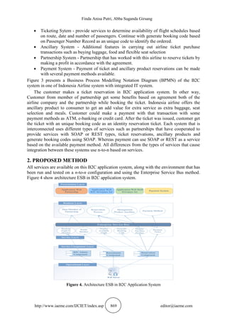 Finda Anisa Putri, Abba Suganda Girsang
http://www.iaeme.com/IJCIET/index.asp 869 editor@iaeme.com
 Ticketing Sytem - provide services to determine availability of flight schedules based
on route, date and number of passengers. Continue with generate booking code based
on Passenger Number Record as an unique code to identify the ordered.
 Ancillary System - Additional features in carrying out airline ticket purchase
transactions such as buying luggage, food and flexible seat selection
 Partnership System - Partnership that has worked with this airline to reserve tickets by
making a profit in accordance with the agreement.
 Payment System - Payment of ticket and ancillary product reservations can be made
with several payment methods available.
Figure 3 presents a Business Process Modelling Notation Diagram (BPMN) of the B2C
system in one of Indonesia Airline system with integrated IT system.
The customer makes a ticket reservation in B2C application system. In other way,
Customer from member of partnership get some benefits based on agreement both of the
airline company and the partnership while booking the ticket. Indonesia airline offers the
ancillary product to consumer to get an add value for extra service as extra baggage, seat
selection and meals. Customer could make a payment with that transaction with some
payment methods as ATM, e-banking or credit card. After the ticket was issued, customer get
the ticket with an unique booking code as an identity reservation ticket. Each system that is
interconnected uses different types of services such as partnerships that have cooperated to
provide services with SOAP or REST types, ticket reservations, ancillary products and
generate booking codes using SOAP. Whereas payment can use SOAP or REST as a service
based on the available payment method. All differences from the types of services that cause
integration between these systems use n-to-n based on services.
2. PROPOSED METHOD
All services are available on this B2C application system, along with the environment that has
been run and tested on a n-to-n configuration and using the Enterprise Service Bus method.
Figure 4 show architecture ESB in B2C application system.
Service Layer
Application Web
B2C Sriwijaya Air
Application Web
Partnership
Presentation Layer
Business Layer
Reservation
Process
Data Member of
Partnership
Booking
Flight by
Member
Profile
Member
Display
Available
Flight
Generate
Booking
Code
Service Component Layer
B2C Admin
Component
Recruitment
Component
Reservation
Component
Operational Layer
Web Server
Application Web Staff
Sriwijaya Air
Management
Product Ancillary
Display
Ancillary
Product
Payment System
Payment Method
Payment
Ticket
Enterprise Service Bus
Figure 4. Architecture ESB in B2C Application System
 