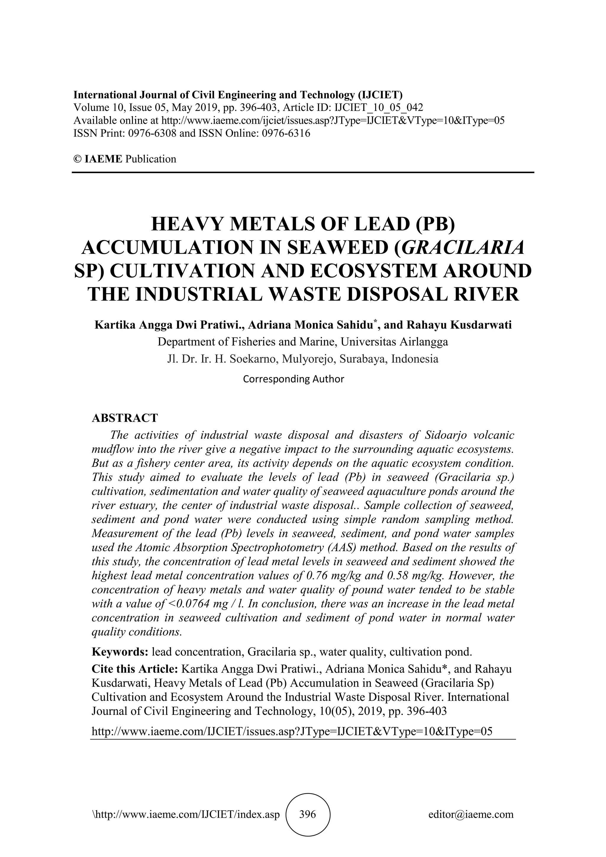 HEAVY METALS OF LEAD (PB) ACCUMULATION IN SEAWEED (GRACILARIA SP