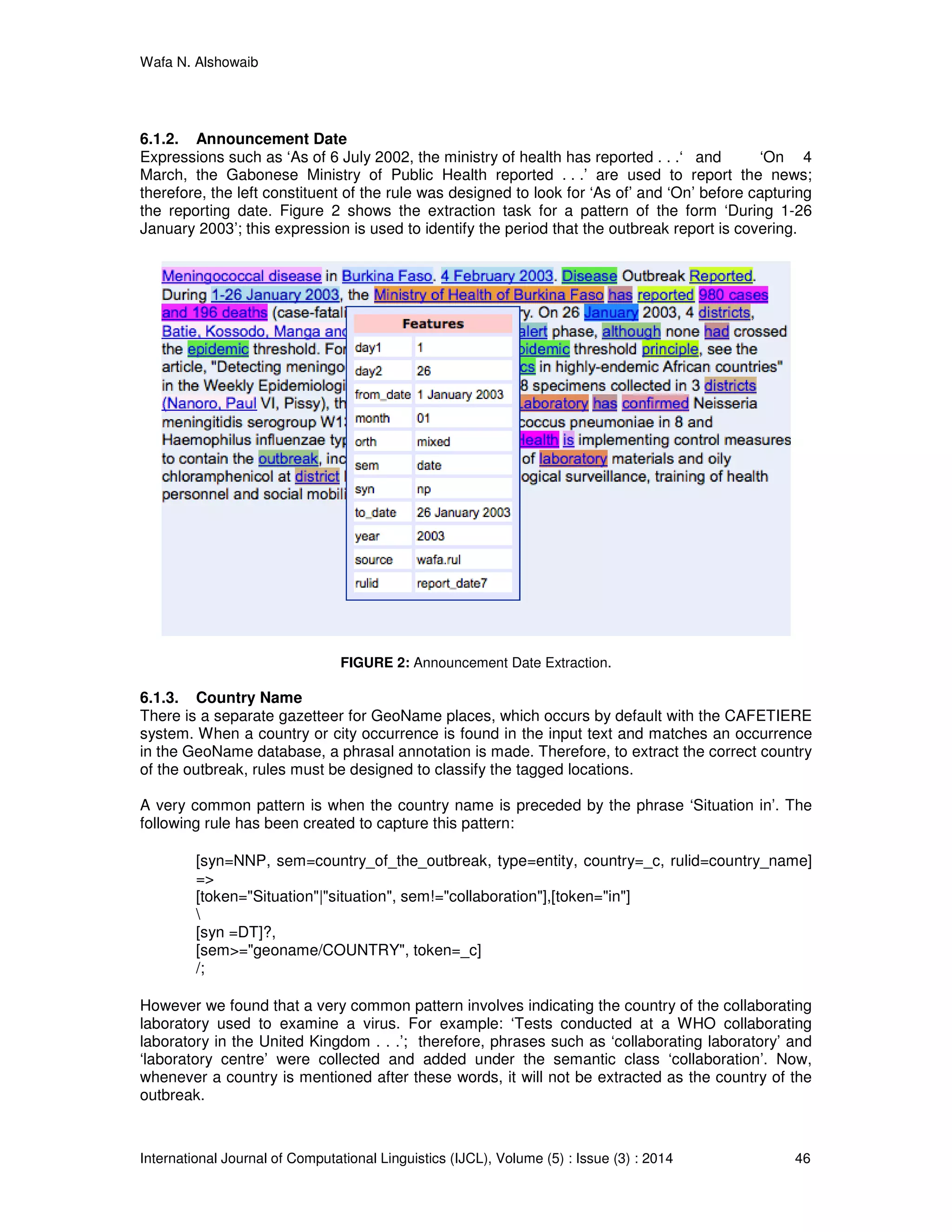 Wafa N. Alshowaib
International Journal of Computational Linguistics (IJCL), Volume (5) : Issue (3) : 2014 46
6.1.2. Announcement Date
Expressions such as ‘As of 6 July 2002, the ministry of health has reported . . .‘ and ‘On 4
March, the Gabonese Ministry of Public Health reported . . .’ are used to report the news;
therefore, the left constituent of the rule was designed to look for ‘As of’ and ‘On’ before capturing
the reporting date. Figure 2 shows the extraction task for a pattern of the form ‘During 1-26
January 2003’; this expression is used to identify the period that the outbreak report is covering.
FIGURE 2: Announcement Date Extraction.
6.1.3. Country Name
There is a separate gazetteer for GeoName places, which occurs by default with the CAFETIERE
system. When a country or city occurrence is found in the input text and matches an occurrence
in the GeoName database, a phrasal annotation is made. Therefore, to extract the correct country
of the outbreak, rules must be designed to classify the tagged locations.
A very common pattern is when the country name is preceded by the phrase ‘Situation in’. The
following rule has been created to capture this pattern:
[syn=NNP, sem=country_of_the_outbreak, type=entity, country=_c, rulid=country_name]
=>
[token="Situation"|"situation", sem!="collaboration"],[token="in"]

[syn =DT]?,
[sem>="geoname/COUNTRY", token=_c]
/;
However we found that a very common pattern involves indicating the country of the collaborating
laboratory used to examine a virus. For example: ‘Tests conducted at a WHO collaborating
laboratory in the United Kingdom . . .’; therefore, phrases such as ‘collaborating laboratory’ and
‘laboratory centre’ were collected and added under the semantic class ‘collaboration’. Now,
whenever a country is mentioned after these words, it will not be extracted as the country of the
outbreak.
 