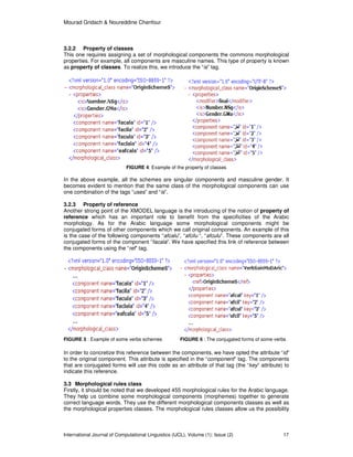 Mourad Gridach & Noureddine Chenfour
International Journal of Computational Linguistics (IJCL), Volume (1): Issue (2) 17
3.2.2 Property of classes
This one requires assigning a set of morphological components the commons morphological
properties. For example, all components are masculine names. This type of property is known
as property of classes. To realize this, we introduce the “is” tag.
FIGURE 4: Example of the property of classes
In the above example, all the schemes are singular components and masculine gender. It
becomes evident to mention that the same class of the morphological components can use
one combination of the tags “uses” and “is”.
3.2.3 Property of reference
Another strong point of the XMODEL language is the introducing of the notion of property of
reference which has an important role to benefit from the specificities of the Arabic
morphology. As for the Arabic language some morphological components might be
conjugated forms of other components which we call original components. An example of this
is the case of the following components “afcalu”, “afcilu “, “afculu”. These components are all
conjugated forms of the component “facala”. We have specified this link of reference between
the components using the “ref” tag.
FIGURE 5 : Example of some verbs schemes FIGURE 6 : The conjugated forms of some verbs
In order to concretize this reference between the components, we have opted the attribute “id”
to the original component. This attribute is specified in the “component” tag. The components
that are conjugated forms will use this code as an attribute of that tag (the “key” attribute) to
indicate this reference.
3.3 Morphological rules class
Firstly, it should be noted that we developed 455 morphological rules for the Arabic language.
They help us combine some morphological components (morphemes) together to generate
correct language words. They use the different morphological components classes as well as
the morphological properties classes. The morphological rules classes allow us the possibility
 