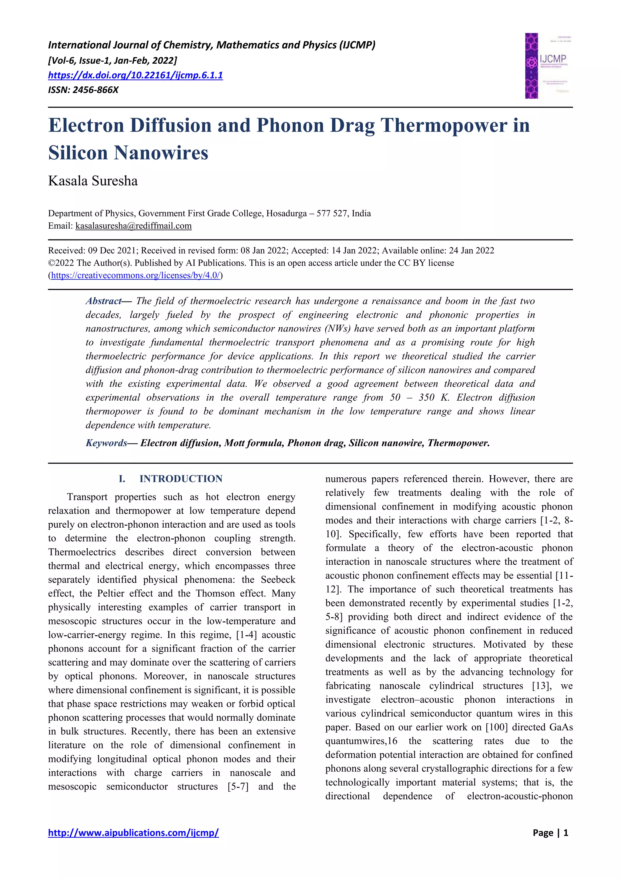 Electron Diffusion and Phonon Drag Thermopower in Silicon Nanowires | PDF
