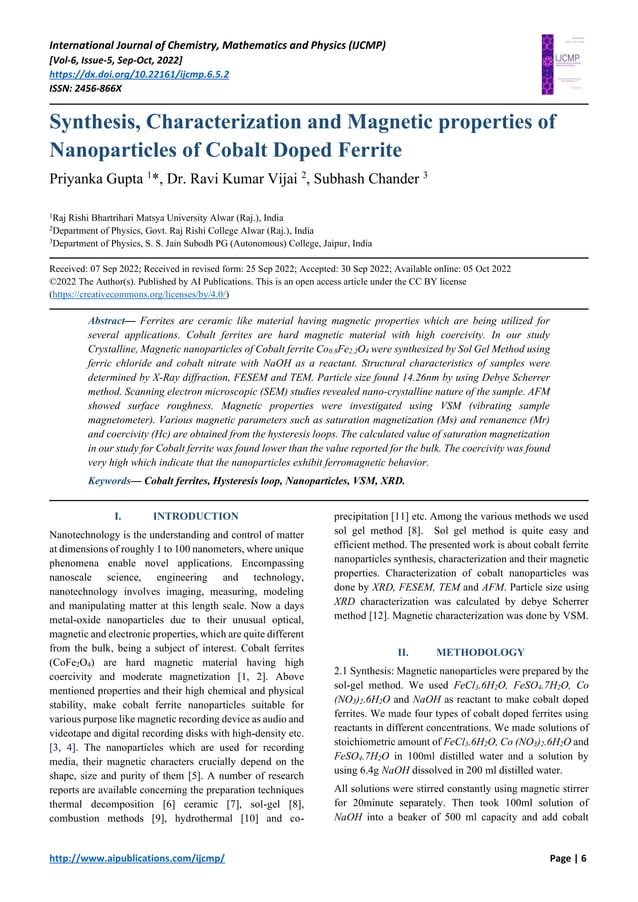 Synthesis, Characterization and properties of Nanoparticles of