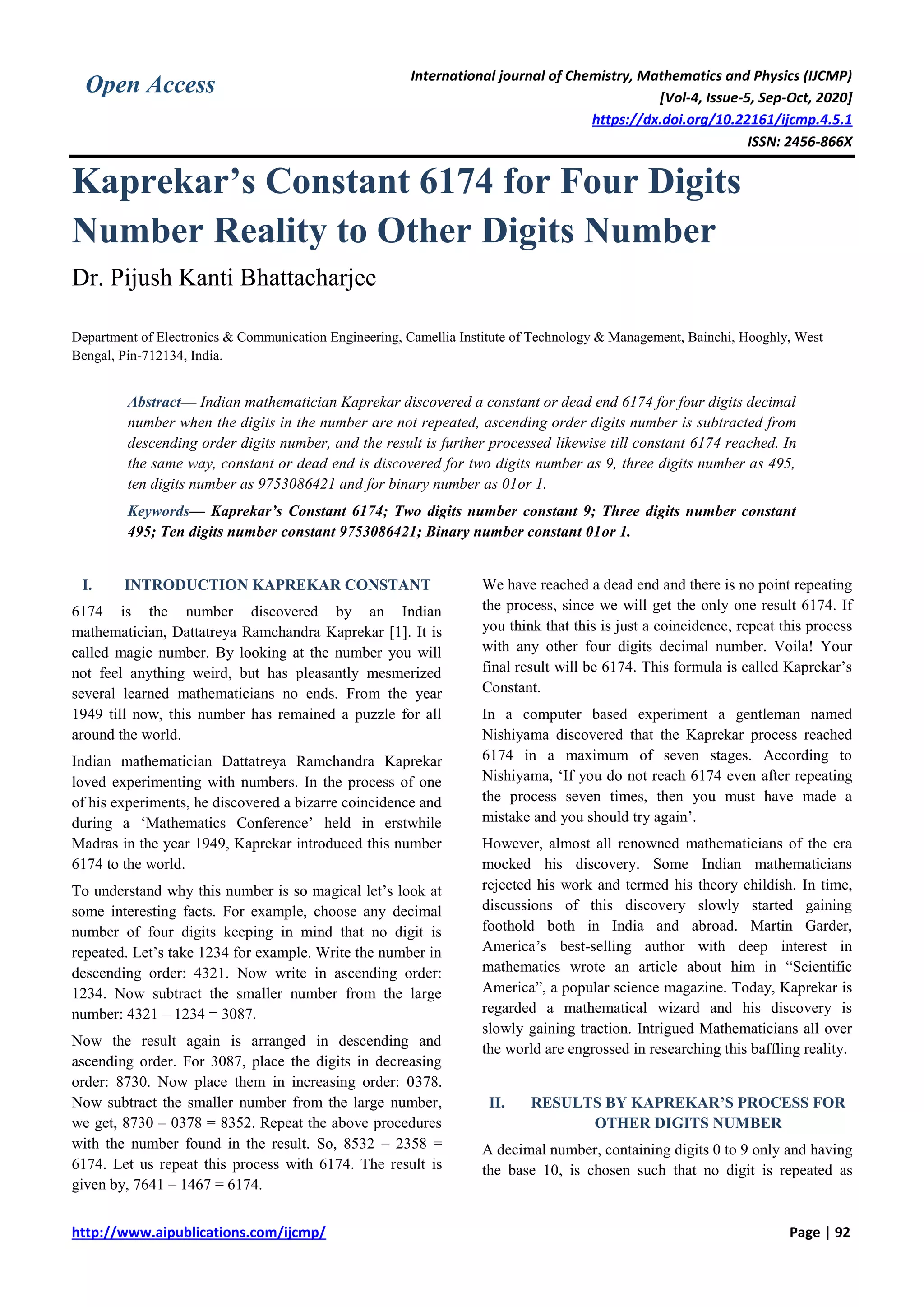 Kaprekar’s Constant 6174 for Four Digits Number Reality to Other Digits ...