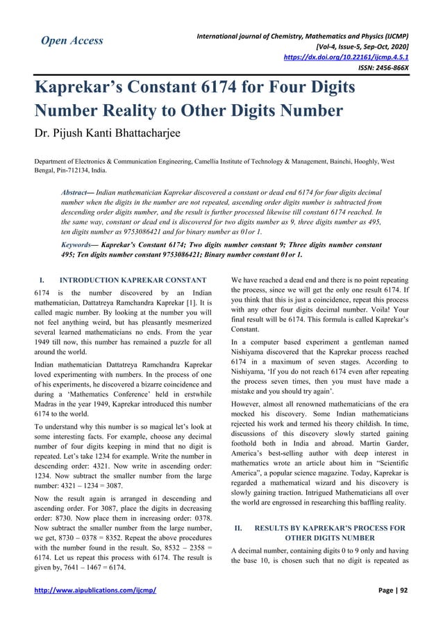 Kaprekar’s Constant 6174 for Four Digits Number Reality to Other Digits ...