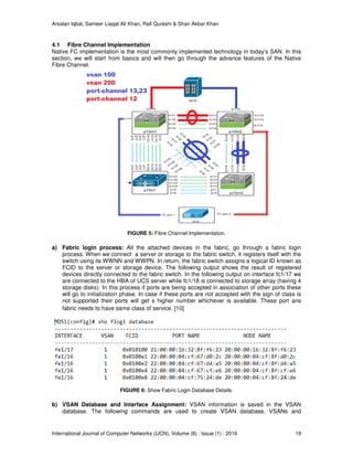 Arsalan Iqbal, Sameer Liaqat Ali Khan
International Journal of Computer Networks
4.1 Fibre Channel Implementation
Native FC implementation is the most commonly implemented technology in today’s SAN. In this
section, we will start from basics and will then go through the advance features of the Native
Fibre Channel.
FIG
a) Fabric login process: All the attached devices in the fabric
process. When we connect
switch using its WWNN and WWPN. In return, the fabric switch assigns a logical ID known as
FCID to the server or storage device. The
devices directly connected to the fabric switch. In the following output on interface fc1/17 we
are connected to the HBA of UCS server while fc1/18 is connected to storage array (having 4
storage disks). In this process if ports are being
will go to initialization phase
not supported their ports will get s higher number whichever is available. These
fabric needs to have same class of service
FIGURE
b) VSAN Database and Interface Assignment:
database. The following commands are used to create VSAN database,
Sameer Liaqat Ali Khan, Rafi Qureshi & Shair Akbar Khan
International Journal of Computer Networks (IJCN), Volume (8) : Issue (1) : 2016
bre Channel Implementation
Native FC implementation is the most commonly implemented technology in today’s SAN. In this
we will start from basics and will then go through the advance features of the Native
FIGURE 5: Fibre Channel Implementation.
All the attached devices in the fabric, go through a fabric login
process. When we connect a server or storage to the fabric switch, it registers itself with the
switch using its WWNN and WWPN. In return, the fabric switch assigns a logical ID known as
FCID to the server or storage device. The following output shows the result of registered
devices directly connected to the fabric switch. In the following output on interface fc1/17 we
connected to the HBA of UCS server while fc1/18 is connected to storage array (having 4
this process if ports are being accepted in association of other ports these
will go to initialization phase. In case if these ports are not accepted with the sign of class is
not supported their ports will get s higher number whichever is available. These
fabric needs to have same class of service. [10]
FIGURE 6: Show Fabric Login Database Details.
Database and Interface Assignment: VSAN information is saved in the VSAN
database. The following commands are used to create VSAN database,
19
Native FC implementation is the most commonly implemented technology in today’s SAN. In this
we will start from basics and will then go through the advance features of the Native
go through a fabric login
a server or storage to the fabric switch, it registers itself with the
switch using its WWNN and WWPN. In return, the fabric switch assigns a logical ID known as
following output shows the result of registered
devices directly connected to the fabric switch. In the following output on interface fc1/17 we
connected to the HBA of UCS server while fc1/18 is connected to storage array (having 4
in association of other ports these
. In case if these ports are not accepted with the sign of class is
not supported their ports will get s higher number whichever is available. These port ans
VSAN information is saved in the VSAN
database. The following commands are used to create VSAN database, VSANs and
 