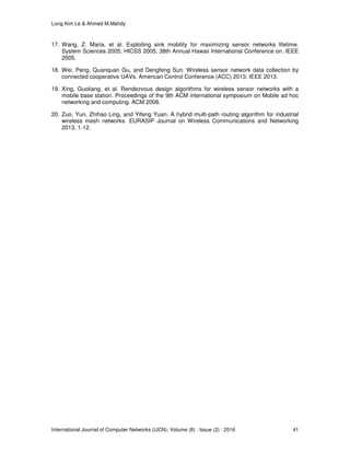 Long Kim Le & Ahmed M.Mahdy
International Journal of Computer Networks (IJCN), Volume (8) : Issue (2) : 2016 41
17. Wang, Z. Maria, et al. Exploiting sink mobility for maximizing sensor networks lifetime.
System Sciences 2005; HICSS 2005; 38th Annual Hawaii International Conference on. IEEE
2005.
18. Wei, Peng, Quanquan Gu, and Dengfeng Sun. Wireless sensor network data collection by
connected cooperative UAVs. American Control Conference (ACC) 2013; IEEE 2013.
19. Xing, Guoliang, et al. Rendezvous design algorithms for wireless sensor networks with a
mobile base station. Proceedings of the 9th ACM international symposium on Mobile ad hoc
networking and computing. ACM 2008.
20. Zuo, Yun, Zhihao Ling, and Yifeng Yuan. A hybrid multi-path routing algorithm for industrial
wireless mesh networks. EURASIP Journal on Wireless Communications and Networking
2013, 1-12.
 