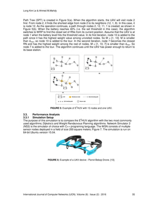 Long Kim Le & Ahmed M.Mahdy
International Journal of Computer Networks (IJCN), Volume (8) : Issue (2) : 2016 35
Path Tree (SPT) is created in Figure 5(a). When the algorithm starts, the UAV will visit node 2
first. From node 2, it finds the shortest edge from node 2 to its neighbors (12, 1, 8). In this case, it
is node 12. As the operation continues, a path through nodes 2, 12, 11, 1 is created; as shown in
Figure 5(b). When the battery reaches 40% (i.e. the set threshold in this case), the algorithm
switches to WRP to find the closet set of RNs from its current position. Assume that the UAV is at
node 1 when the battery level hits the threshold value. In its first iteration, node 10 is added to the
path since it has the highest weight value among unvisited nodes. So M = [1, 10]. M is smaller
than dmax, so node 10 is added to the tour. In the second iteration, node 7 becomes the closest
RN and has the highest weight among the rest of nodes. M = [1, 10, 7] is smaller than dmax. So
node 7 is added to the tour. The algorithm continues until the UAV has power enough to return to
its base station.
FIGURE 5: Example of E
2
HUV with 13 nodes and one UAV.
3.3. Performance Analysis
3.3.1 Simulation Setup
The purpose of this simulation is to compare the E
2
HUV algorithm with the two most commonly
used algorithms; Dijkstra’s and Weight Rendezvous Planning algorithms. Network Simulator 3
(NS3) is the simulator of choice with C++ programing language. The WSN consists of multiple
sensor nodes deployed in a field of size 200 square meters; Figure 7. The simulation is run on
64-bit Ubuntu version 15.04.
FIGURE 6: Example of a UAV device - Parrot Bebop Drone. [10].
 