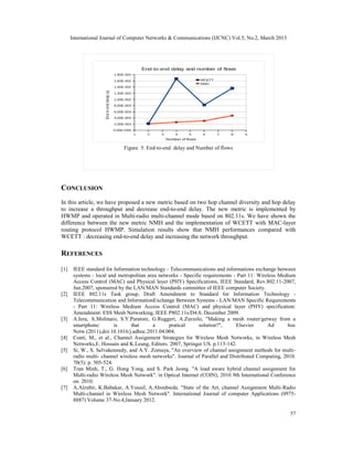 International Journal of Computer Networks & Communications (IJCNC) Vol.5, No.2, March 2013




                             Figure 5. End-to-end delay and Number of flows




CONCLUSION
In this article, we have proposed a new metric based on two hop channel diversity and hop delay
to increase a throughput and decrease end-to-end delay. The new metric is implemented by
HWMP and operated in Multi-radio multi-channel mode based on 802.11s. We have shown the
difference between the new metric NMH and the implementation of WCETT with MAC-layer
routing protocol HWMP. Simulation results show that NMH performances compared with
WCETT : decreasing end-to-end delay and increasing the network throughput.

REFERENCES
[1]    IEEE standard for Information technology - Telecommunications and informations exchange between
       systems - local and metropolitan area networks - Specific requirements - Part 11: Wireless Medium
       Access Control (MAC) and Physical layer (PHY) Specifications, IEEE Standard, Rev.802.11-2007,
       Jun.2007, sponsered by the LAN/MAN Standards committee of IEEE computer Society.
[2]    IEEE 802.11s Task group, Draft Amendment to Standard for Information Technology -
       Telecommunication and InformationExchange Between Systems - LAN/MAN Specific Requirements
       - Part 11: Wireless Medium Access Control (MAC) and physical layer (PHY) specification:
       Amendment: ESS Mesh Networking, IEEE P802.11s/D4.0, December 2009.
[3]    A.Iera, A.Molinaro, S.Y.Paratore, G.Ruggeri, A.Zurzolo, "Making a mesh router/getway from a
       smartphone:        is     that      a     pratical      solution?",     Elsevier      Ad       hoc
       Netw.(2011),doi:10.1016/j.adhoc.2011.04.004.
[4]    Conti, M., et al., Channel Assignment Strategies for Wireless Mesh Networks, in Wireless Mesh
       Networks,E. Hossain and K.Leung, Editors. 2007, Springer US. p.113-142.
[5]    Si, W., S. Selvakennedy, and A.Y. Zomaya, "An overview of channel assignment methods for multi-
       radio multi- channel wireless mesh networks". Journal of Parallel and Distributed Computing, 2010.
       70(5): p. 505-524.
[6]    Tran Minh, T., G. Hong Yong, and S. Park Jeong. "A load aware hybrid channel assignment for
       Multi-radio Wireless Mesh Network". in Optical Internet (COIN), 2010 9th International Conference
       on. 2010.
[7]    A.Alzubir, K.Babakar, A.Yousif, A.Aboubieda. "State of the Art, channel Assignment Multi-Radio
       Multi-channel in Wireless Mesh Network". International Journal of computer Applications (0975-
       8887) Volume 37-No.4,January 2012.

                                                                                                      57
 