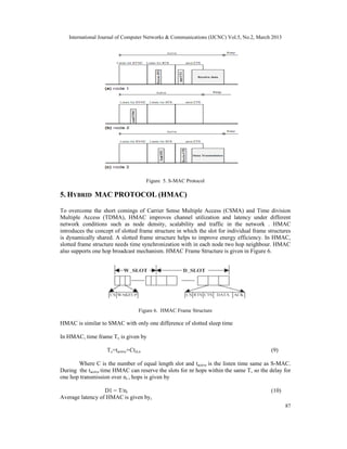 International Journal of Computer Networks & Communications (IJCNC) Vol.5, No.2, March 2013




                                        Figure 5. S-MAC Protocol

5. HYBRID MAC PROTOCOL (HMAC)

To overcome the short comings of Carrier Sense Multiple Access (CSMA) and Time division
Multiple Access (TDMA), HMAC improves channel utilization and latency under different
network conditions such as node density, scalability and traffic in the network . HMAC
introduces the concept of slotted frame structure in which the slot for individual frame structures
is dynamically shared. A slotted frame structure helps to improve energy efficiency. In HMAC,
slotted frame structure needs time synchronization with in each node two hop neighbour. HMAC
also supports one hop broadcast mechanism. HMAC Frame Structure is given in Figure 6.




                                   Figure 6. HMAC Frame Structure

HMAC is similar to SMAC with only one difference of slotted sleep time

In HMAC, time frame Tx is given by

                    Tx=tactive+Ctsl,n                                                     (9)

       Where C is the number of equal length slot and tactive is the listen time same as S-MAC.
During the tactive time HMAC can reserve the slots for nr hops within the same T, so the delay for
one hop transmission over nr , hops is given by

                  D1 = T/nr                                                               (10)
Average latency of HMAC is given by,
                                                                                                 87
 