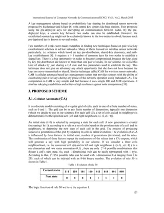 International Journal of Computer Networks & Communications (IJCNC) Vol.5, No.2, March 2013

A key management scheme based on probabilistic key sharing for distributed sensor networks
proposed by Eschenauer and Gligor [8] with central key servers like base stations. They proposed
using the pre-deployed keys for encrypting all communication between nodes. By the pre-
deployed keys, a session key between two nodes can also be established. However, the
established session key might not be exclusively known to the two nodes involved, because each
pre-deployed key is known to several nodes.

Few numbers of works were made researches in finding new techniques based on pair-wise key
establishment schemes in ad hoc networks. Many of them focused on wireless sensor networks
particularly. i.e. schemes which based on key pre-distribution, shared-key discovery, and path-
key establishment [9]. It requires x > 1 number of common keys for two nodes to establish a
shared key. There is a big opportunity to nodes to become compromised, because the keys used
by key pre-distribution are known to more than one pair of nodes. In our scheme, we avoid this
kind of attacks by just sharing a CA rule and two parameters used to establish the key. This
technique does not give an adversary any attack opportunity that she does not have because the
keys are never transmitted or shared. Similar technique called CAB for wireless sensor networks.
CAB is cellular automata based key management system that provides sensors with the ability of
establishing pair-wise keys during any phase of the network operation using preloaded CAs. The
computation in CAB is very simple and fast because it uses simple OR and XOR operations. It
also has rekeying capabilities and achieves high resilience against node compromise [10].

3. PROPOSED SCHEME

3.1. Cellular Automata (CA)

It is a discrete model consisting of a regular grid of cells, each in one of a finite number of states,
such as 0 and 1. The grid can be in any finite number of dimensions, typically one dimension
(which we decide to use in our scheme). For each cell c(i), a set of cells called its neighbours is
defined relative to the specified cell (left and right neighbours c(i-1), c(i+1)).

An initial state (t=0) is selected by assigning a state for each cell. A new generation is created
(increasing t by 1), according to a rule or a set of rules based on the previous state of a cell and its
neighbours, to determine the new state of each cell in the grid. The process of producing
successive generations of the grid by updating its cells is called evolution. The evolution of a CA
is influenced by three factors: its initial state, number of generations (iterations), and the rules.
The combination of these factors impact the randomness of the values that a CA outputs; which
will generate a key with high probability in our scheme. If we consider a three cells
neighbourhood, i.e. the concerned cell c(i) and its left and right neighbours ( c(i-1) , c(i+1) ) in a
one dimension and two states automaton (0,1) , there are only 23=8 possible combinations that
dictate a cell’s next state. So, each 1-dimensional rule can be easily represented with 1 byte.
According to that, 28=256 possible rules can be used with 1-dimensional CA ranging from 0 to
255, each of which can be indexed with an 8-bit binary number. The evolution of rule 30 is
shown in Table 1.
                                        Table 1. Evolution of rule 30

              Current states
                                  111       110     101    100     011      010   001   000
                Next state
                                    0        0       0       1          1    1     1     0


The logic function of rule 30 we have the equation 1:
                                                                                                    127
 